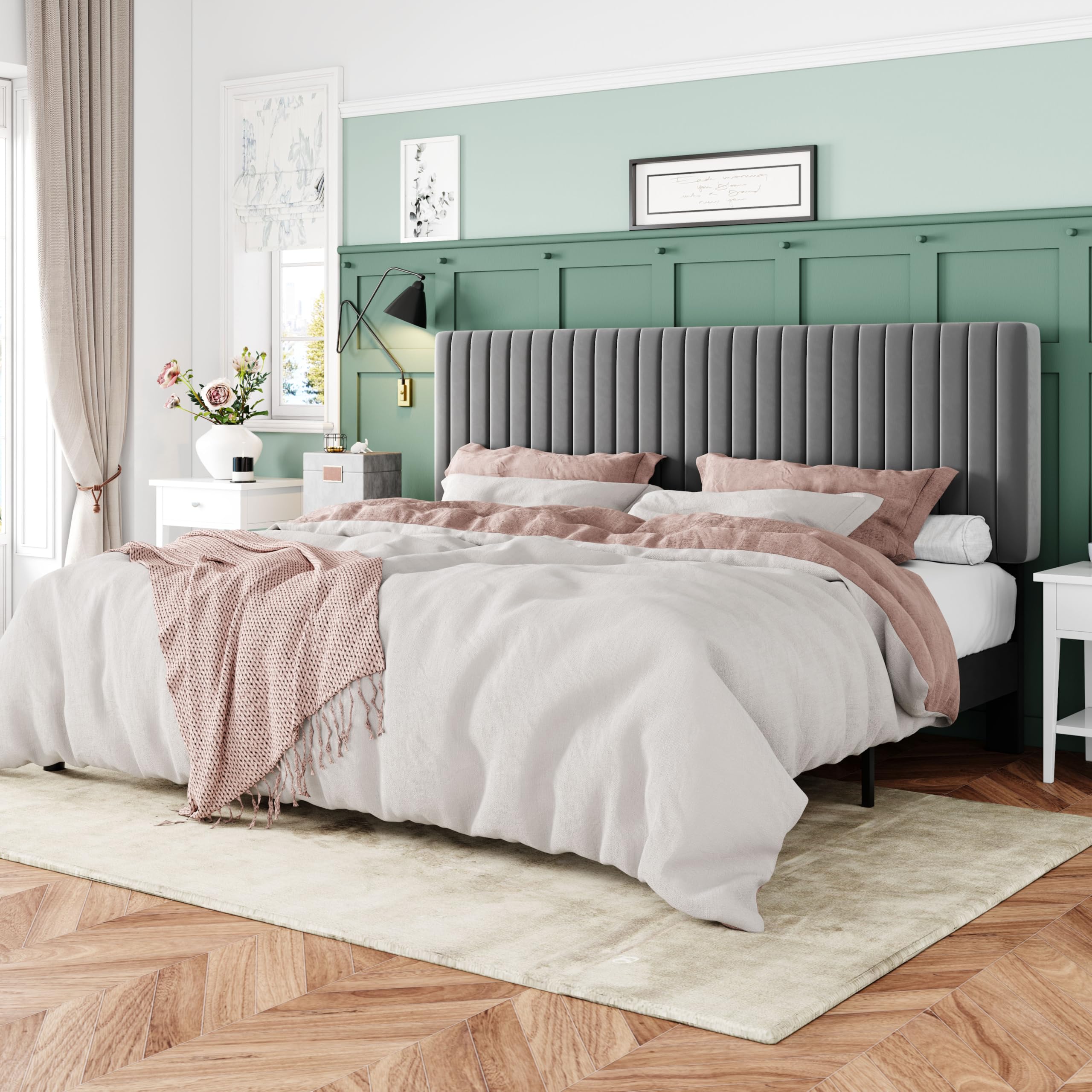 Allewie King Bed Frame, Velvet Upholstered Platform Bed With Adjustable Vertical Channel Tufted Headboard, Mattress Foundation With Strong Wooden Slats, Box Spring Optional, Easy Assembly, Grey