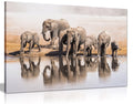 Family Of African Elephants Drinking At A Waterhole Canvas Wall Art Picture Print (24X16)