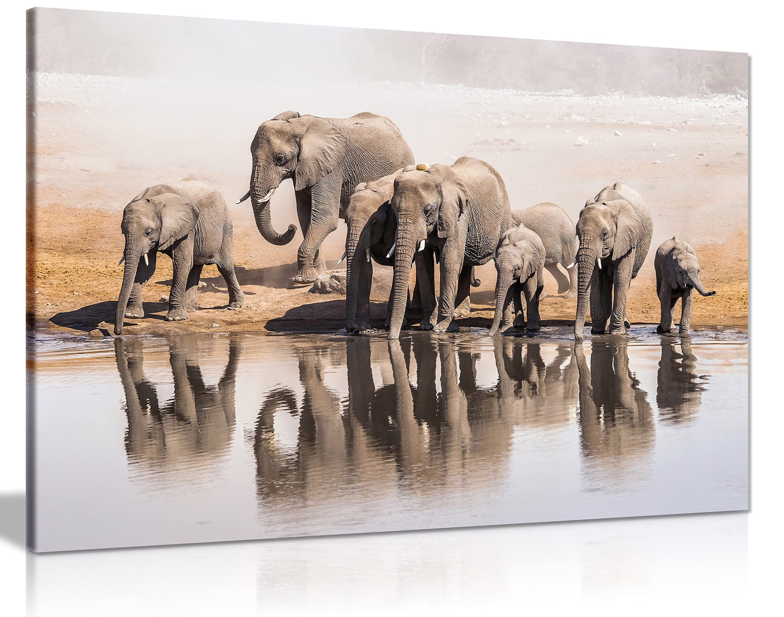 Family Of African Elephants Drinking At A Waterhole Canvas Wall Art Picture Print (24X16)