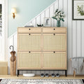 Brafab Freestanding Shoe Cabinet with 4 Flip Drawers, Natural Rattan Shoe Storage Organizer, Slim Shoe Storage for Entryway, Hal