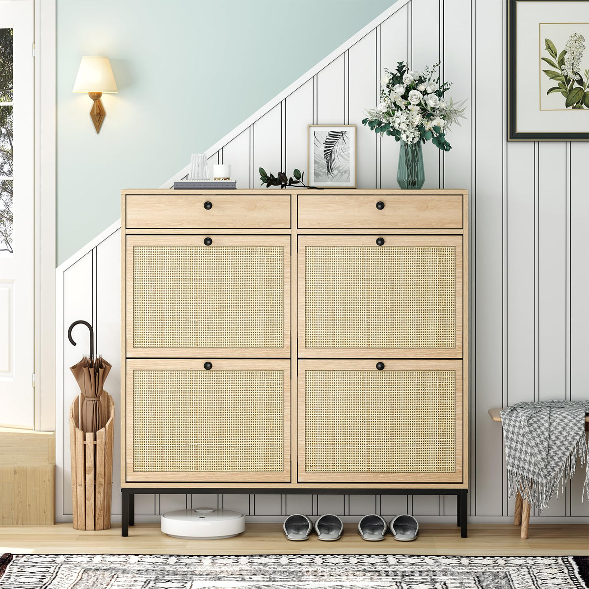 Brafab Freestanding Shoe Cabinet with 4 Flip Drawers, Natural Rattan Shoe Storage Organizer, Slim Shoe Storage for Entryway, Hal