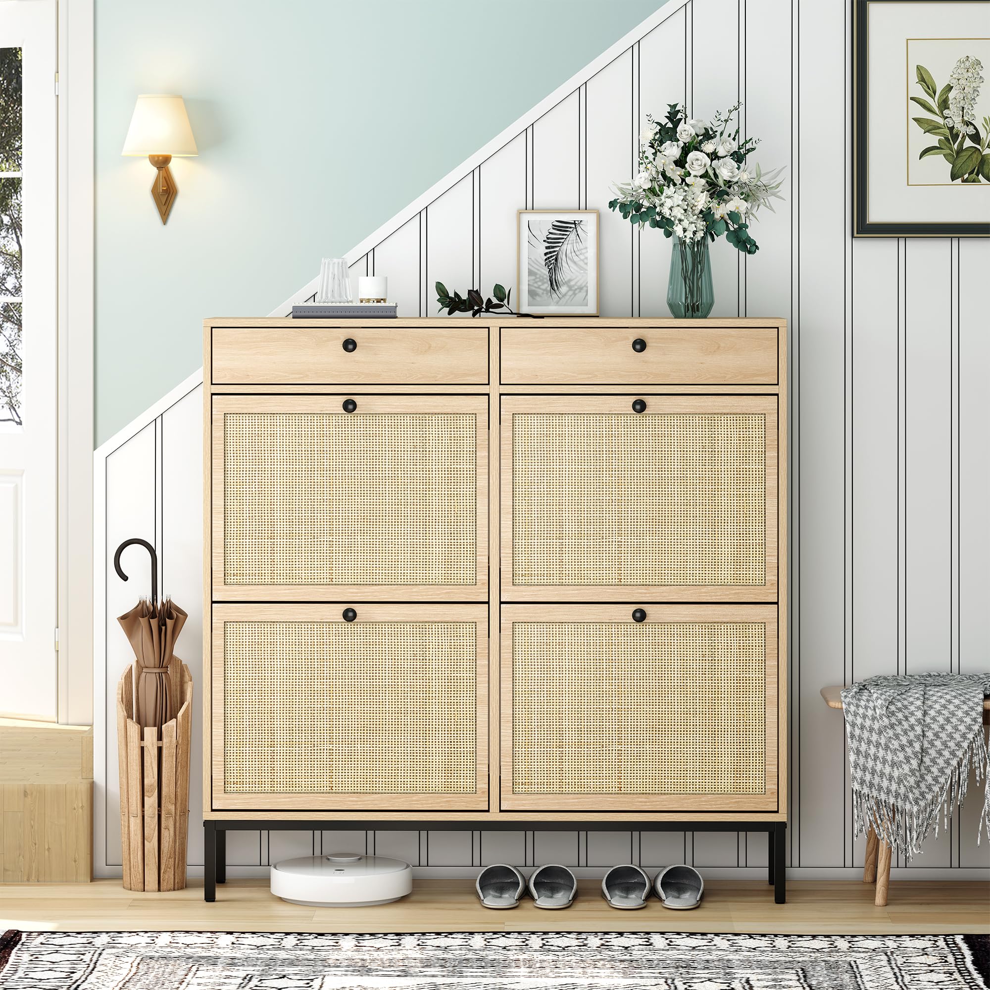 Brafab Freestanding Shoe Cabinet with 4 Flip Drawers, Natural Rattan Shoe Storage Organizer, Slim Shoe Storage for Entryway, Hal