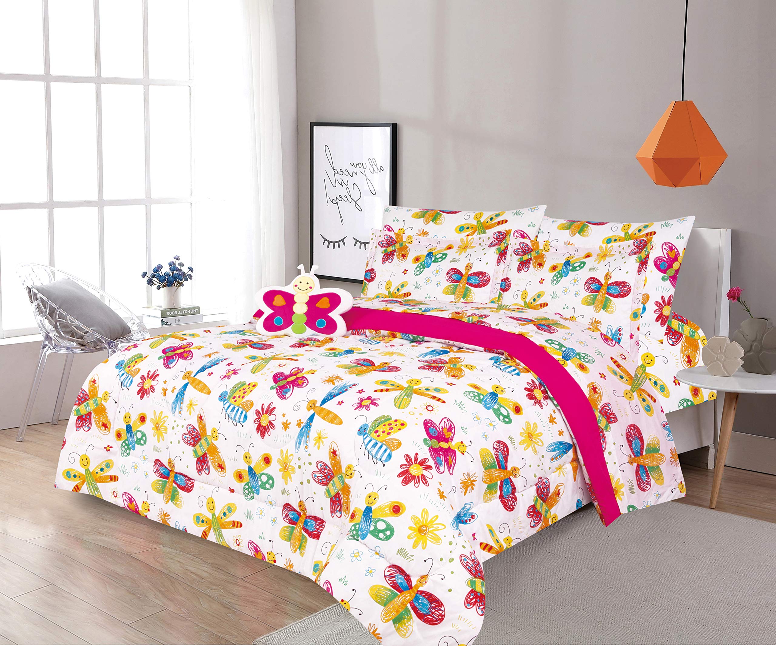Sapphire Home 6 Piece Butterfly Twin Bedding Set, Bed In A Bag, Kids Butterfly Comforter Set With Butterfly Sheets, Pillow Case,