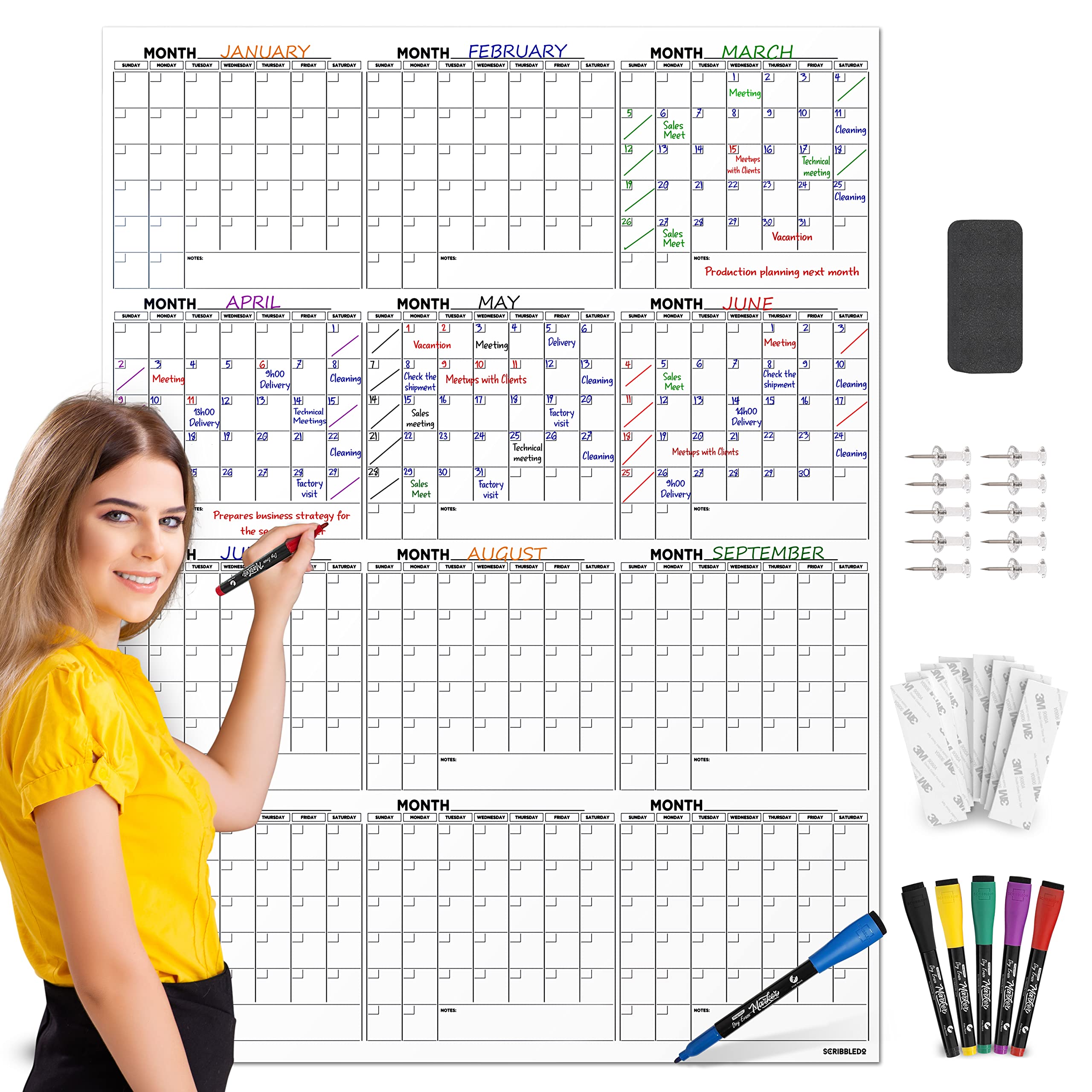 Large White Board Calendar 36'X48' Dry Erase Calendar For Wall Big Dry Erase Wall Calendar 2024 Yearly Monthly Wall Calendar D
