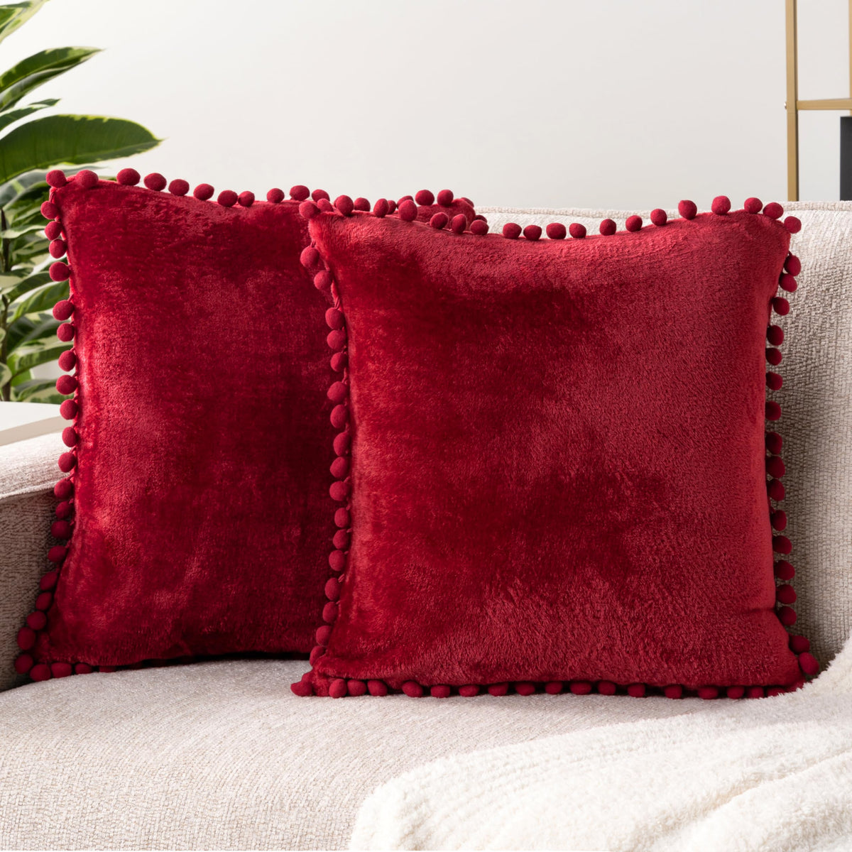 Pavilia Burgundy Red Throw Pillow Covers With Pom Pom 20X20 Set Of 2, Decorative Pillow Cases For Bedroom Aesthetic, Small Throw