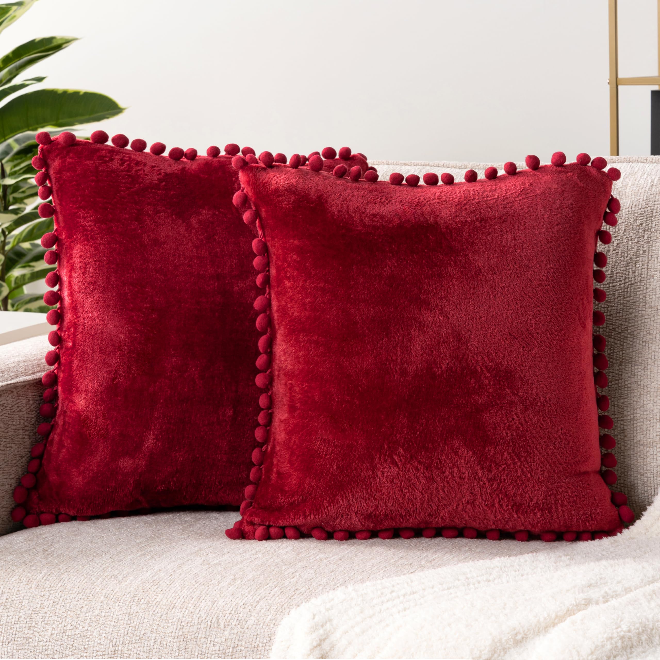 Pavilia Burgundy Red Throw Pillow Covers With Pom Pom 20X20 Set Of 2, Decorative Pillow Cases For Bedroom Aesthetic, Small Throw
