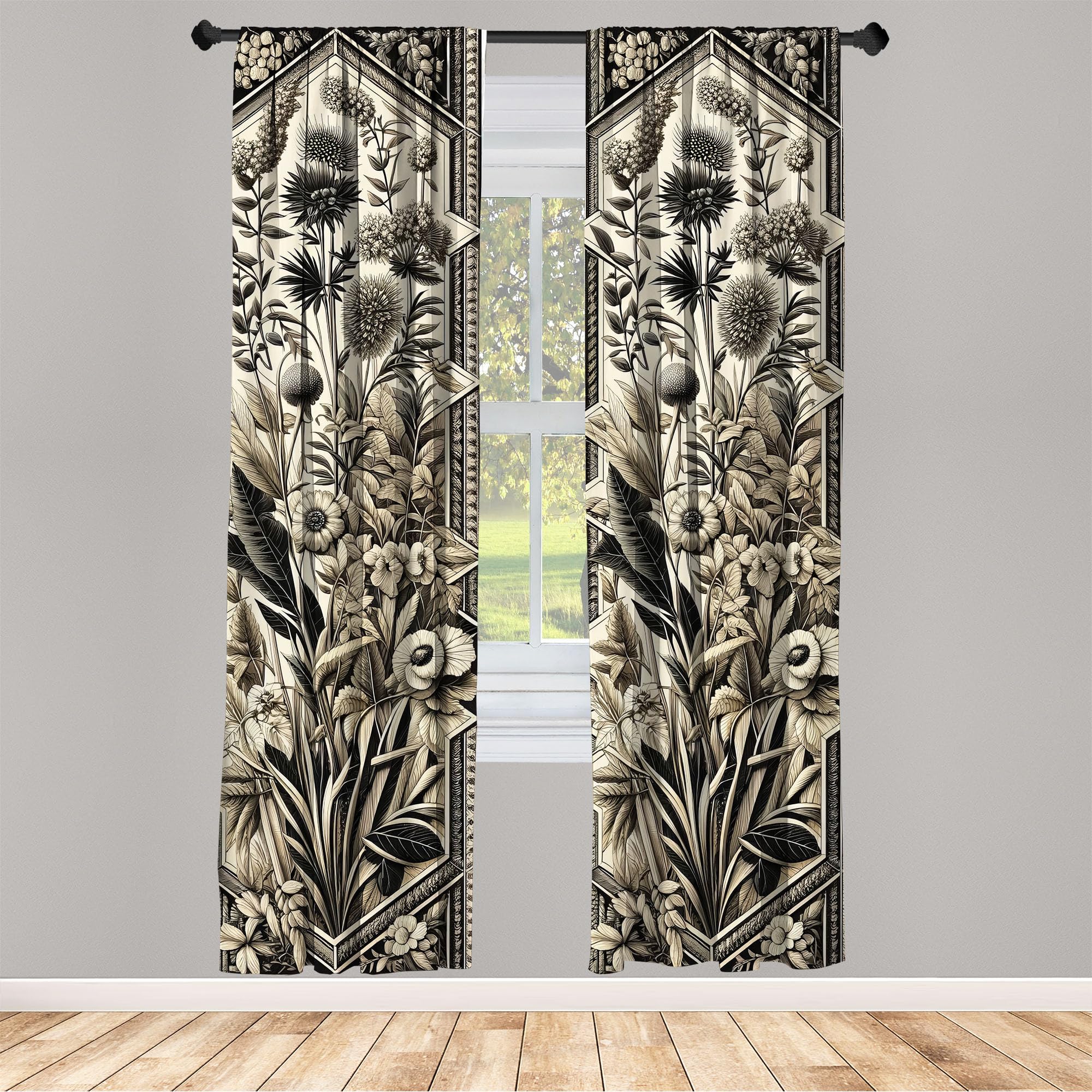 Ambesonne Botanical Art Window Curtains, Leafy Floral Huddle Composition With Nostalgia Tones Oriental Details, Lightweight Deco