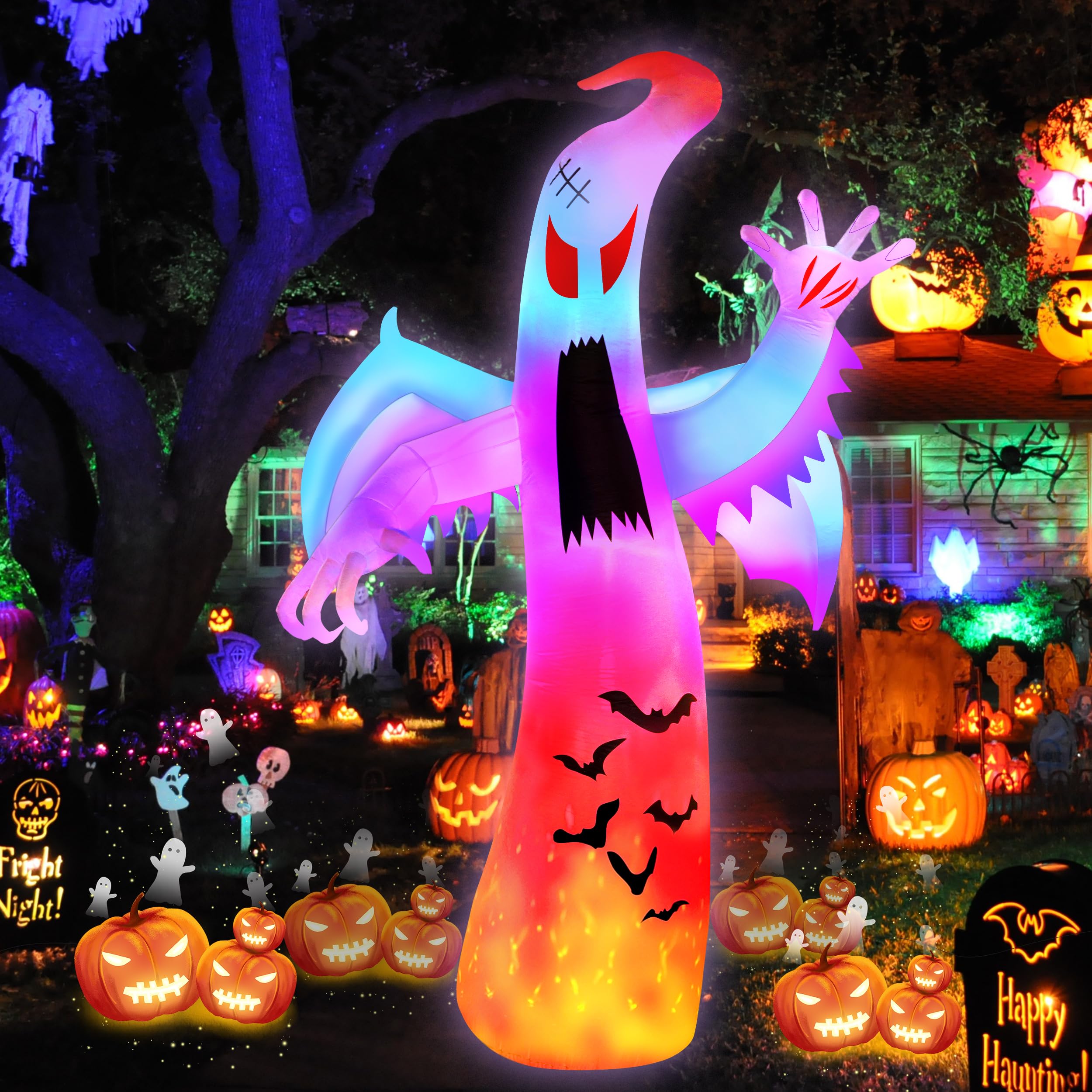 12FT Halloween Inflatables Giant Ghost with Wings Outdoor Decorations Colorful Flashing and Flame Lighting Blow Up Yard for Hall