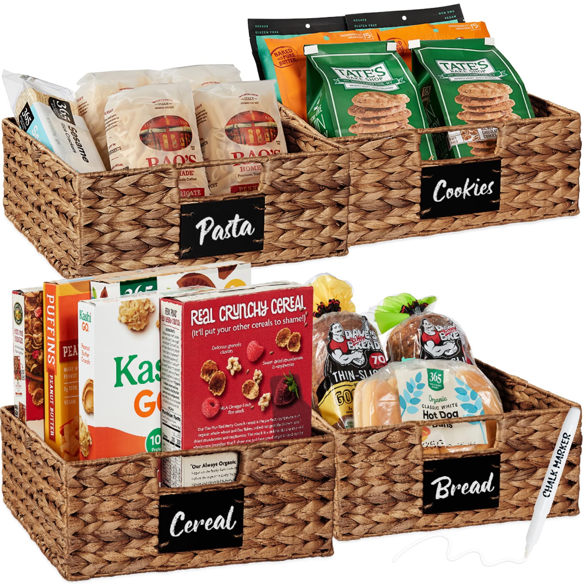 Best Choice Products Set of 4 13x12in Water Hyacinth Pantry Baskets, Woven Organizers w/Chalkboard Label, Chalk Marker - Chestnu
