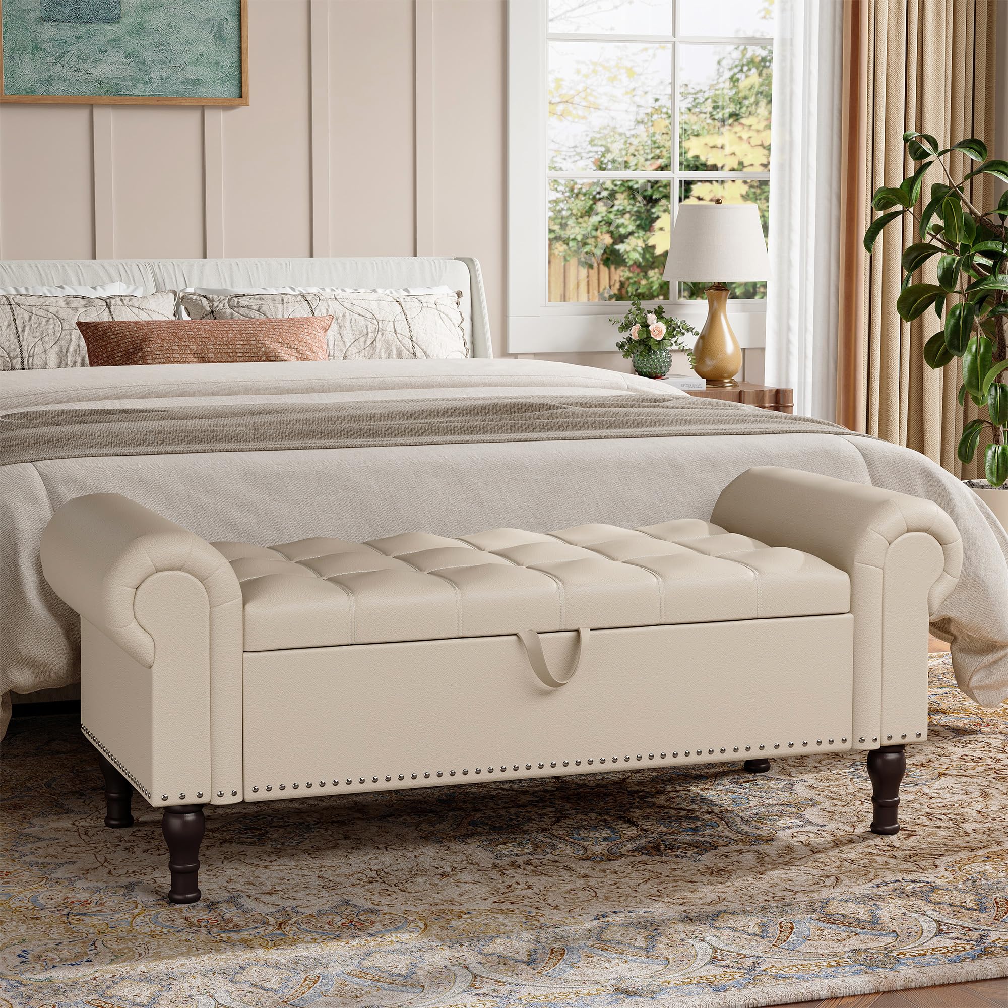 Youdenova 51' Storage Ottoman Bench For Bedroom, Full Queen Storage Bench With Button, Upholstered Bedroom Bench With Rolled Ar