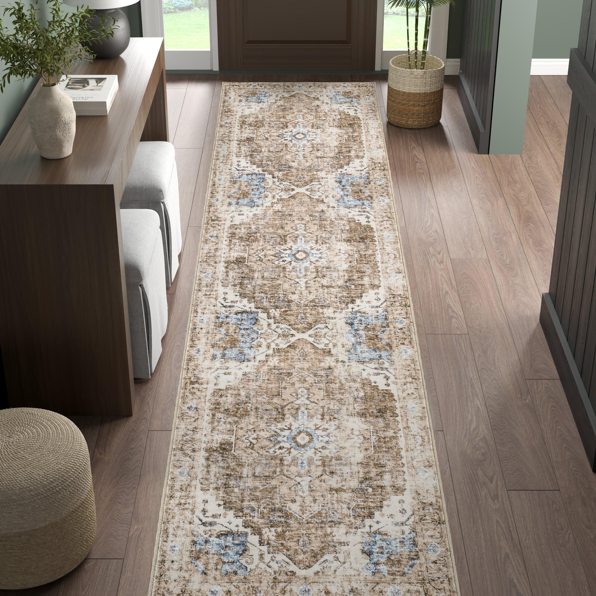jinchan Runner Rug 3x10 Washable Rug Soft Hallway Runner Indoor Vintage Print Floor Cover Retro Distressed Lightweight Non-Slip 