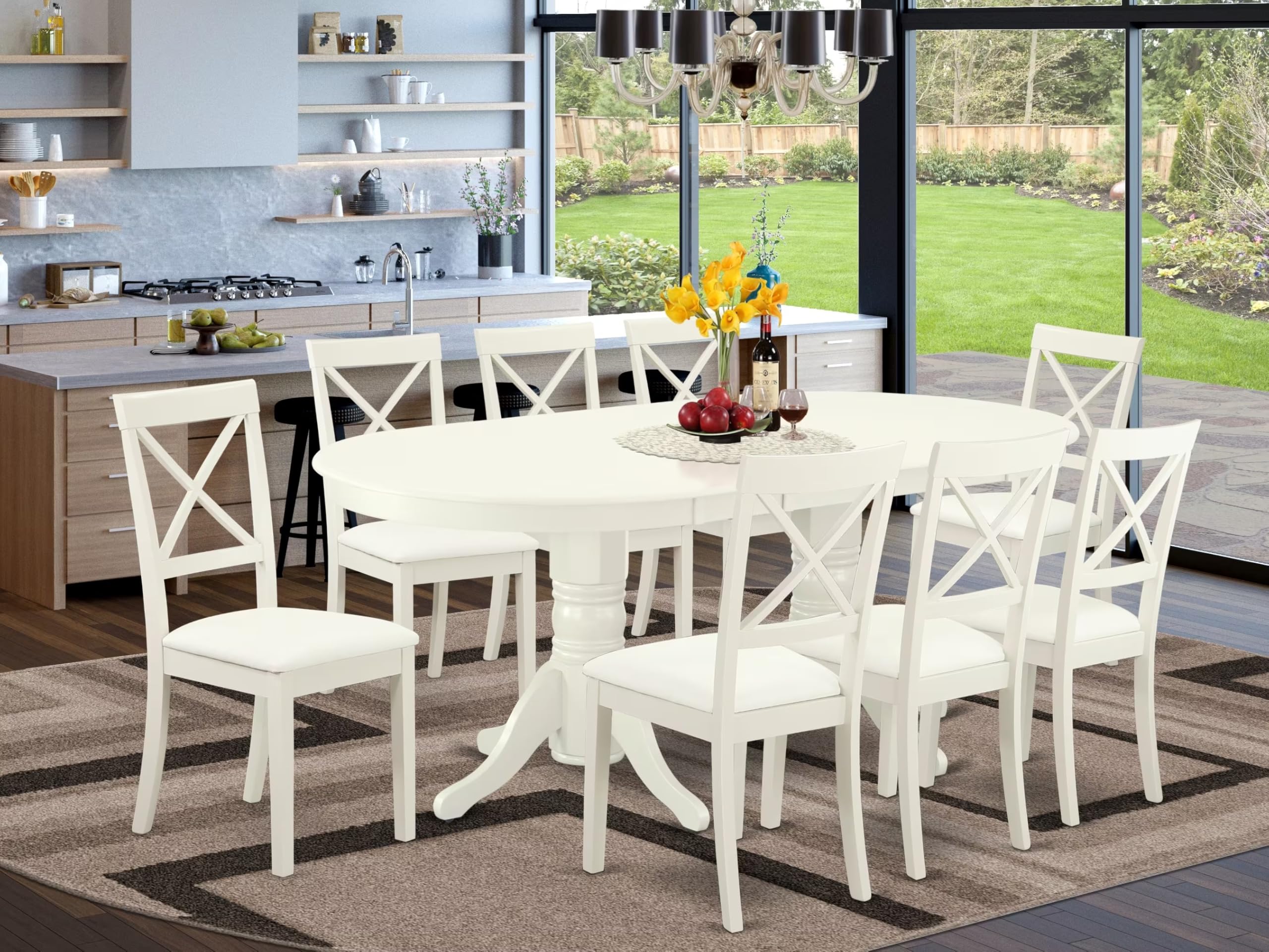 East West Furniture Vabo9-Lwh-Lc 9 Piece Dining Set Includes An Oval Dining Room Table With Butterfly Leaf And 8 Faux Leather Upholstered Kitchen Chairs, 40X76 Inch, Linen White