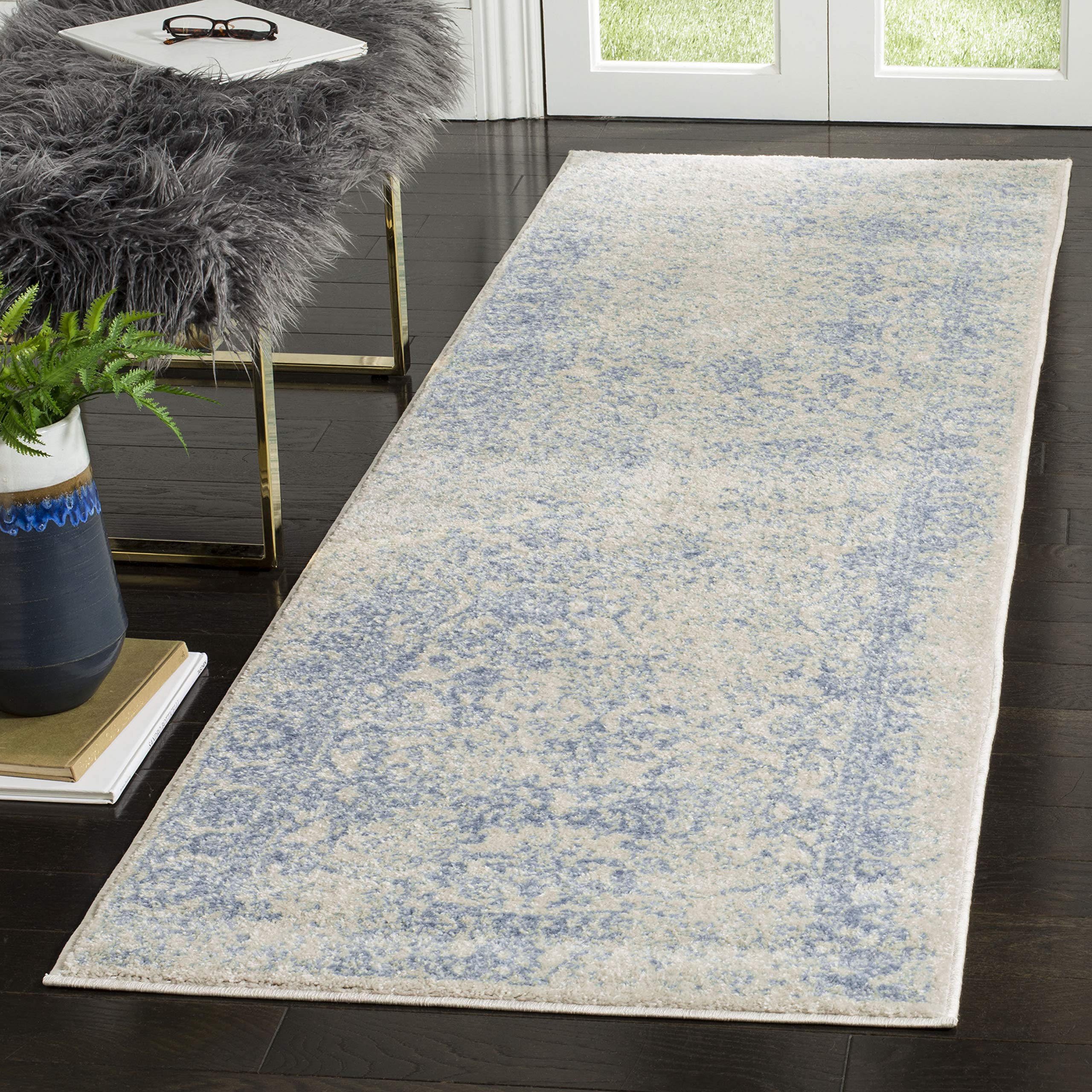 SAFAVIEH Adirondack Collection Runner Rug - 26 x 6, Ivory & Light Blue, Oriental Distressed Design, Non-Shedding & Easy Care, 