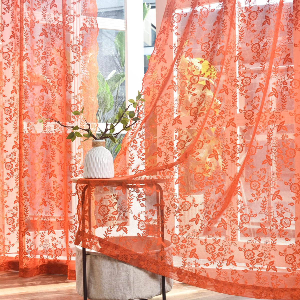 Burnt Orange Sheer Curtains 84 Inches Long For Living Room 2 Panels Set Rustic Leaf Floral Pattern Rust Sheer Lace Curtains Autu