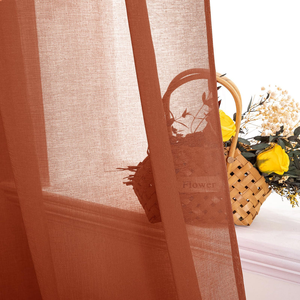 Miulee Terracotta Linen Textured Sheer Curtains 2 Panels For Bedroom/Living Room Semi Transparent Voile Drapes Rust Boho Farmhouse Fall Decor Window Panels Rod Pocket, W 54 X L 72 Inches Long
