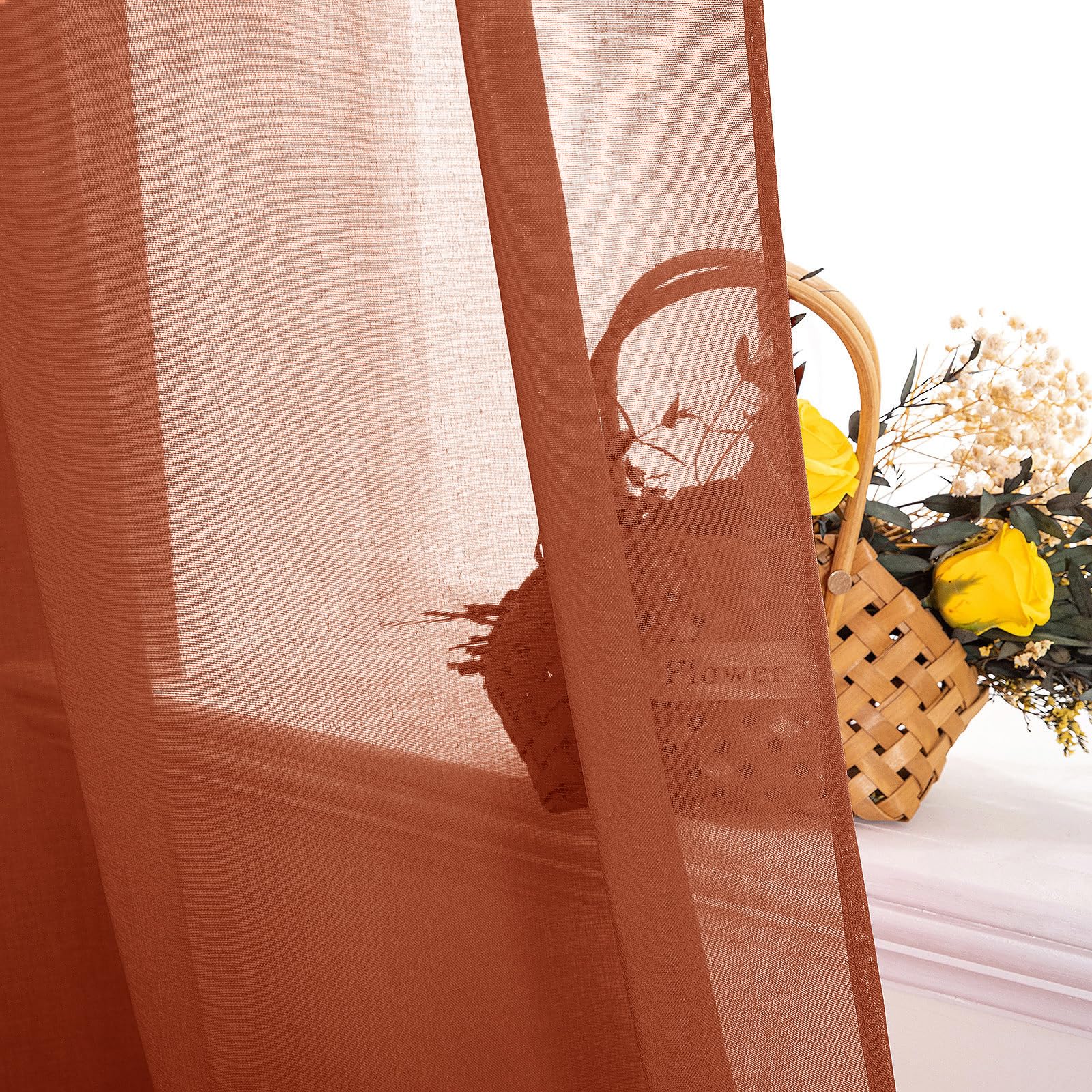 Miulee Terracotta Linen Textured Sheer Curtains 2 Panels For Bedroom/Living Room Semi Transparent Voile Drapes Rust Boho Farmhouse Fall Decor Window Panels Rod Pocket, W 54 X L 72 Inches Long