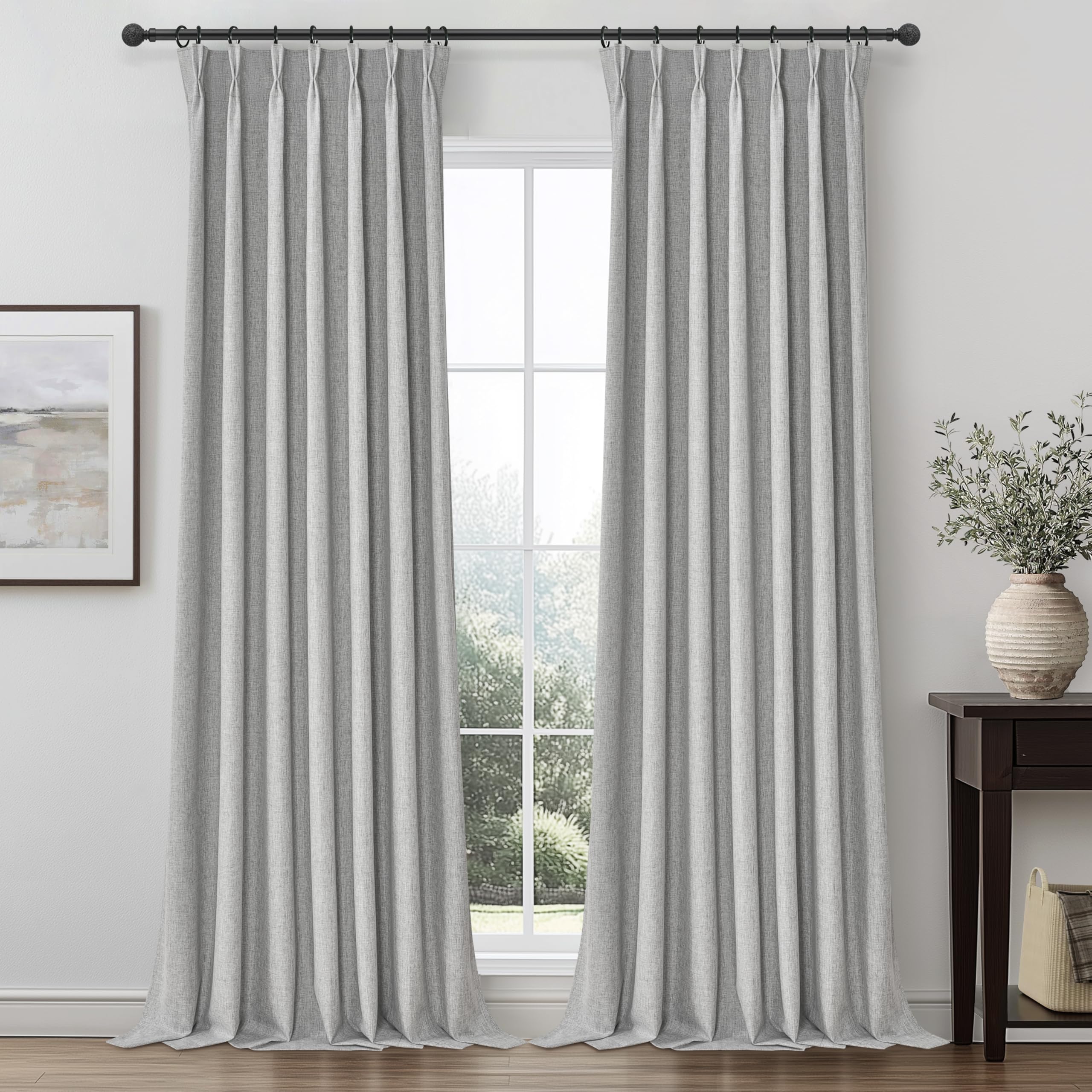Pinch Pleated Light Grey Floor to Ceiling Curtains 102 Inch Long for Sliding Glass Door 2 Panels Set, Blackout Thick Linen Memor