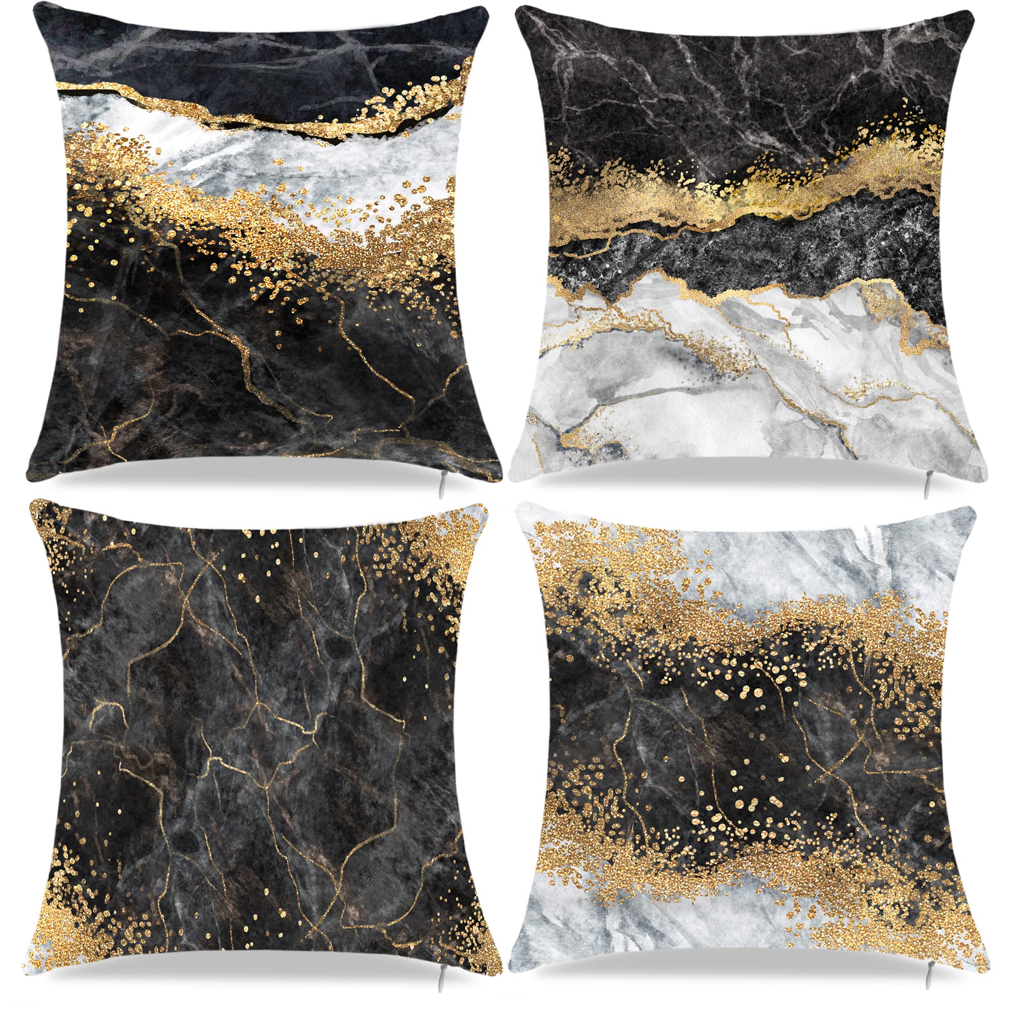 Black Grey And Gold Decorative Throw Pillow Covers, Gold Abstract Pillow Covers 18 X 18 Inch, Gold And Gray Couch Pillows Covers