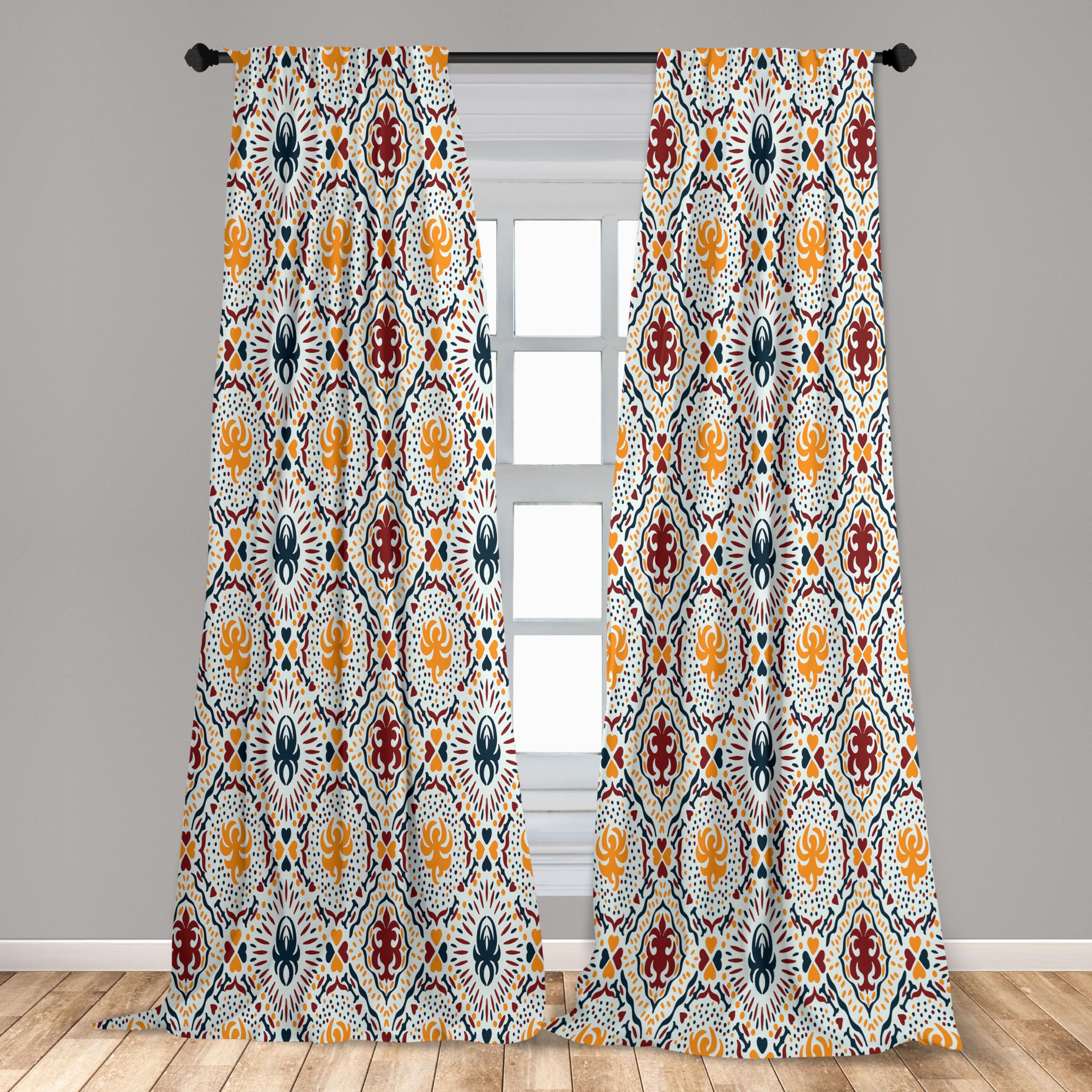 Ambesonne Boho Window Curtains Pack Of 2, Chevrons Strips And Dots With Hearts Vintage Like Print, Lightweight Set With Rod Pock