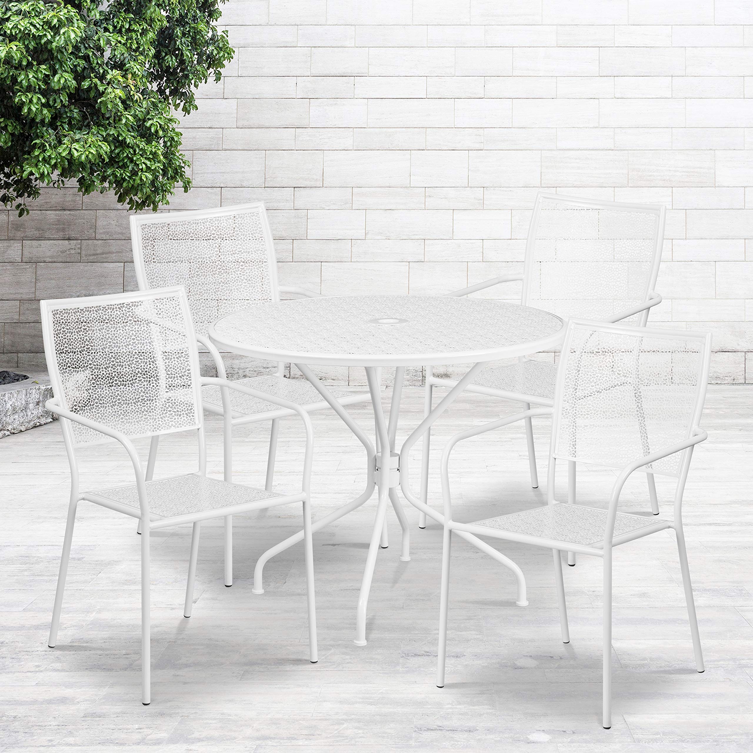 Flash Furniture Oia Commercial Grade 35.25' Round White Indoor-Outdoor Steel Patio Table Set With 4 Square Back Chairs