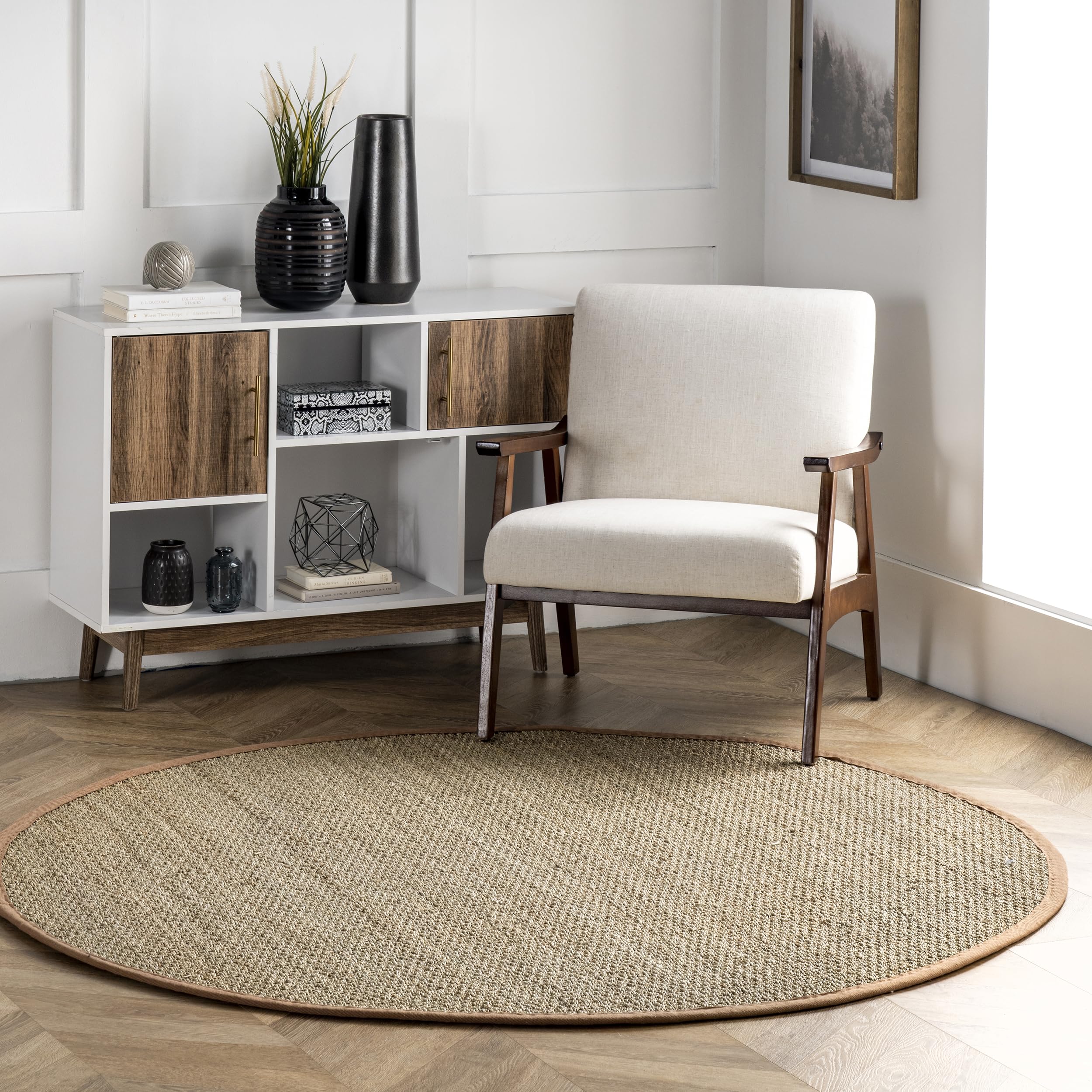 nuLOOM 4 Round Elijah Seagrass Area Rug, Brown, Solid Farmhouse Style, Cotton Bordered, Basketweave, Natural Fiber, For Bedroom,