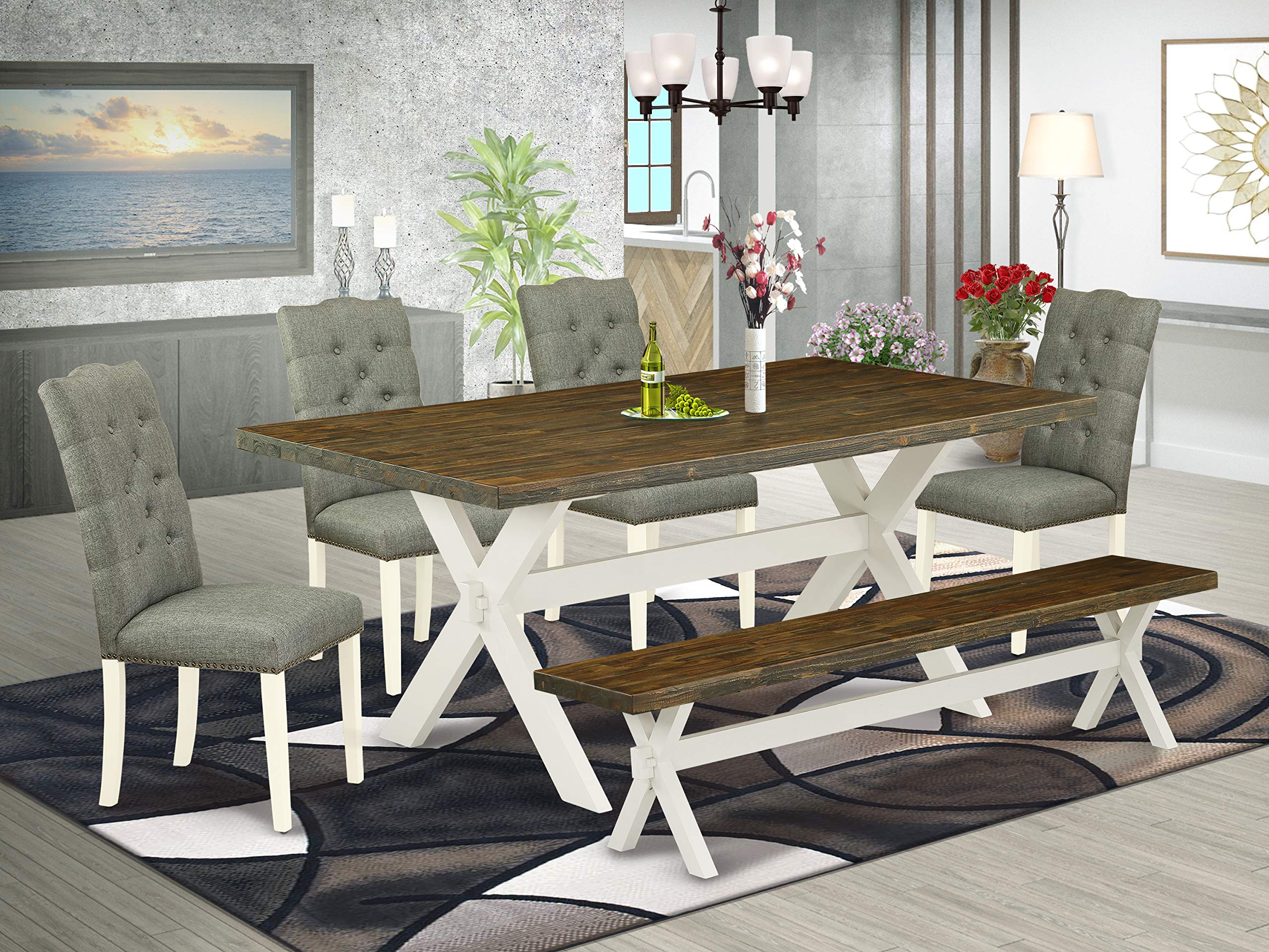 East West Furniture V-Style 6 Piece Set Contains A Rectangle Dining Room Table With V-Legs And 4 Gray Linen Fabric Parson Chairs With A Bench, 40X72 Inch, V077El207-6