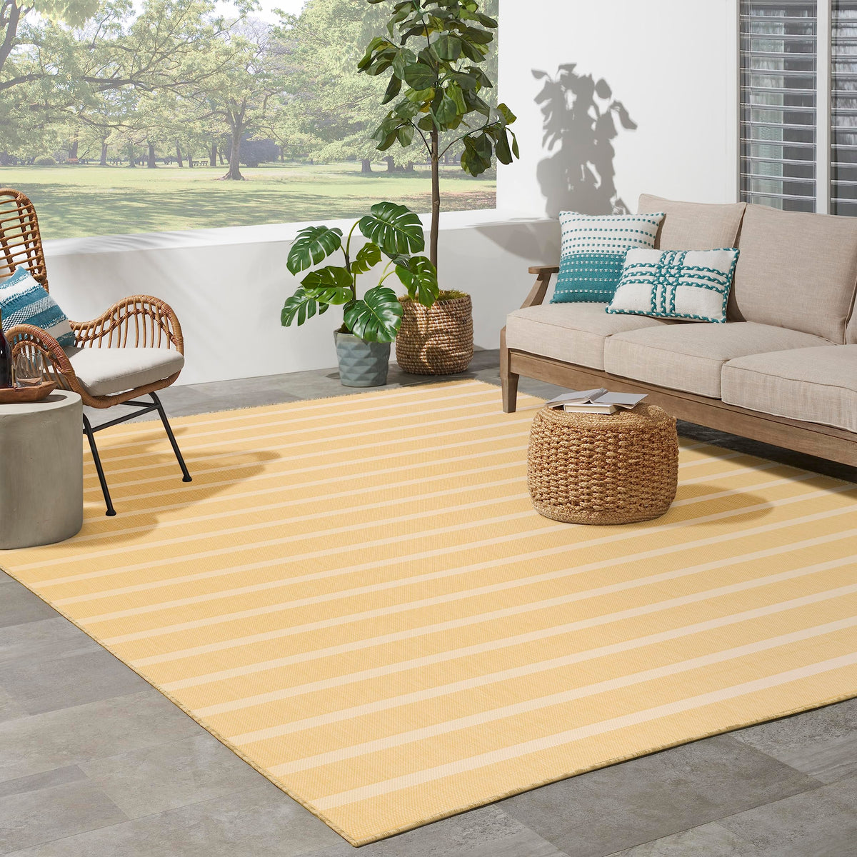 Nourison Positano Indoor/Outdoor Yellow Ivory 8' X 10' Area Rug, Easy Cleaning, Non Shedding, Bed Room, Living Room, Dining Room