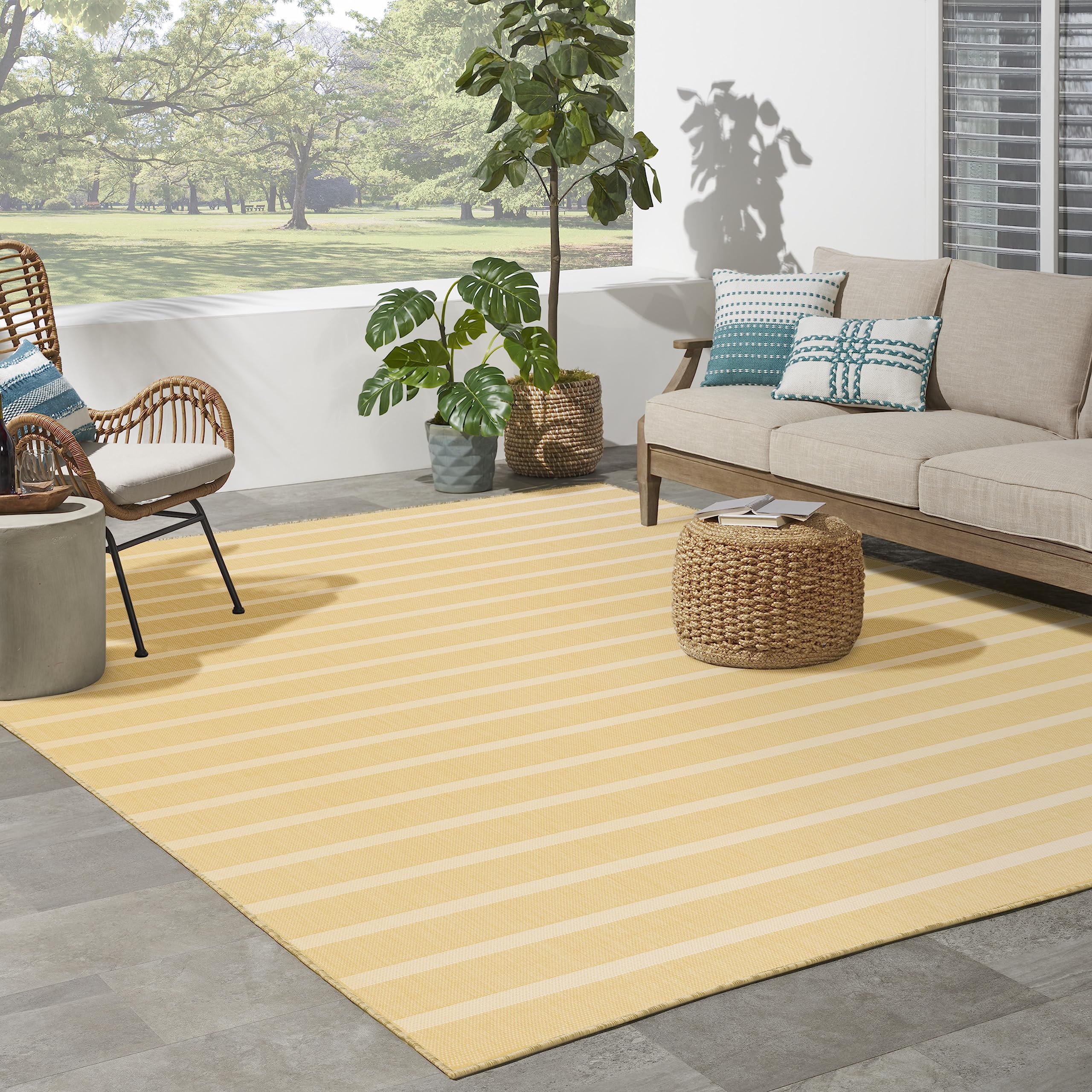 Nourison Positano Indoor/Outdoor Yellow Ivory 8' X 10' Area Rug, Easy Cleaning, Non Shedding, Bed Room, Living Room, Dining Room