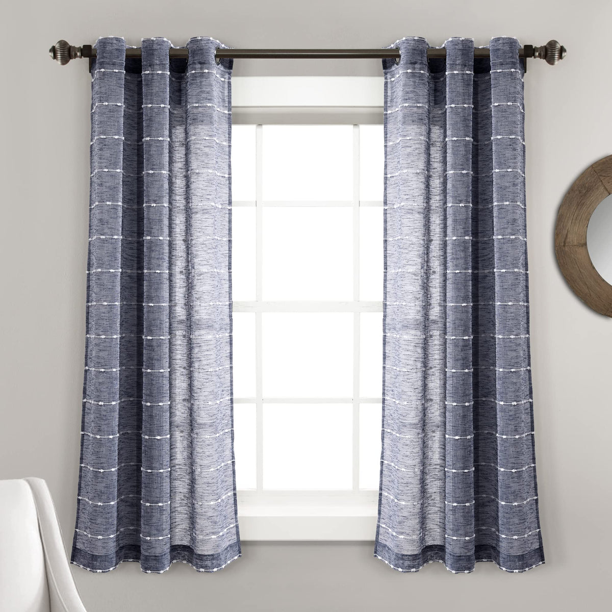 Lush Decor Farmhouse Textured Grommet Sheer Window Curtain Panel Pair, 38'W X 63'L, Navy
