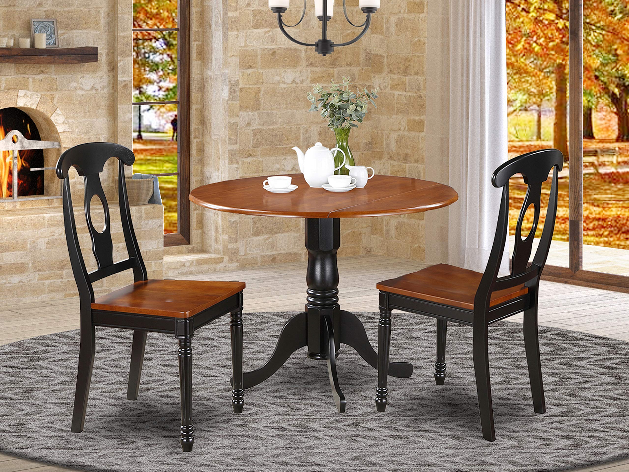 East West Furniture Dublin 3 Piece Set Contains a Round Dining Table with Dropleaf and 2 Kitchen Chairs, 42x42 Inch, Black & Cherry