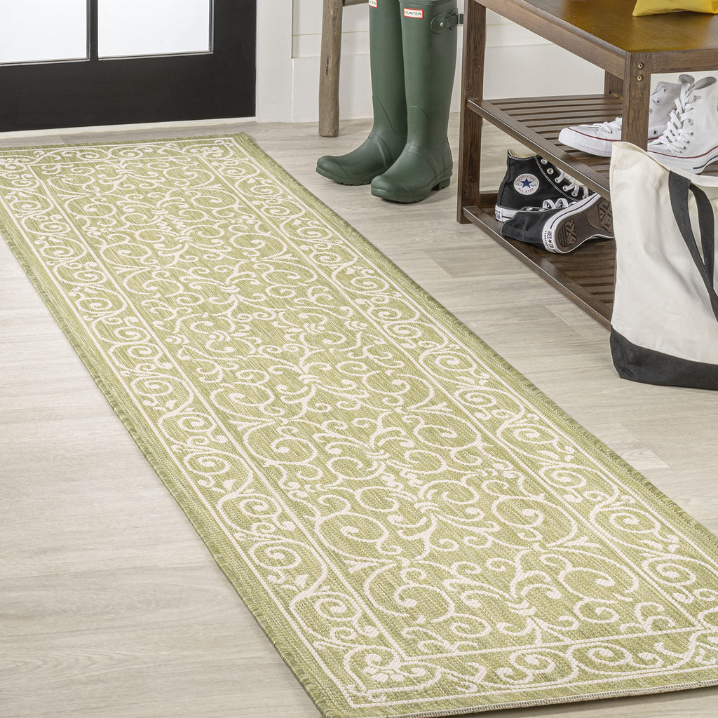 Jonathan Y Smb106H-5 Charleston Vintage Filigree Textured Weave Indoor Outdoor Area Rug, Coastal,Traditional,Transitional Easy Clean,Bedroom,Kitchen,Backyard,Patio, Non-Shed, Green/Cream, 5 X 8