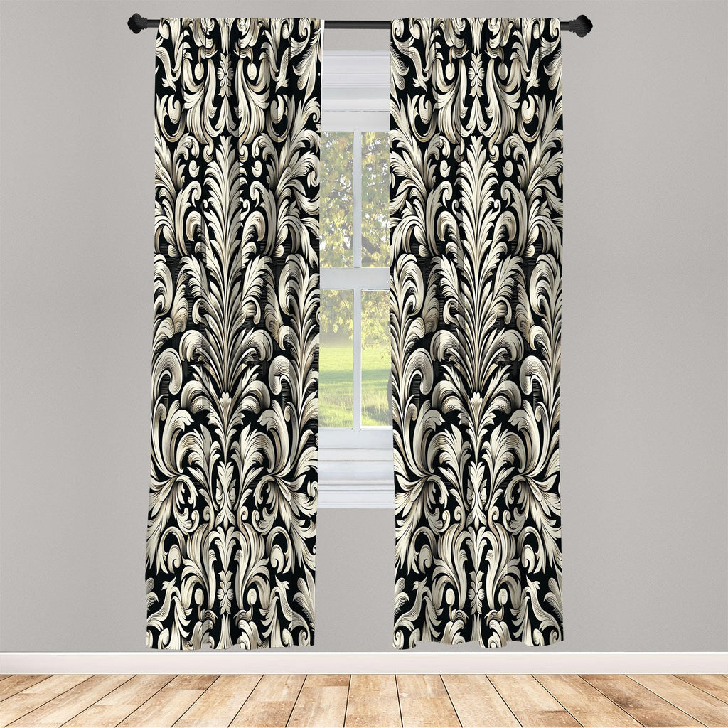 Ambesonne Leafy Art Curtains, Ivory Tone Curlicue Leaves Of Victorian On Beige Tone Back Monochrome, Window Treatments 2 Panel S