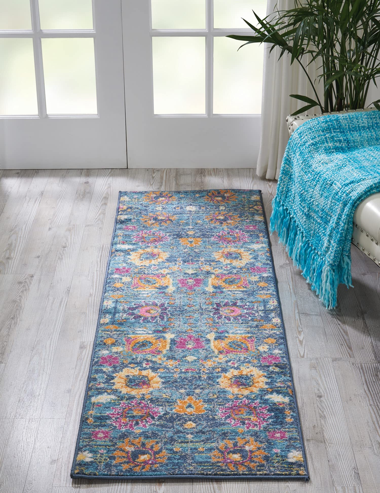 HomeRoots 100% Polypropylene 2' x 6’ Denim Blue Florals Distressed Runner Rug