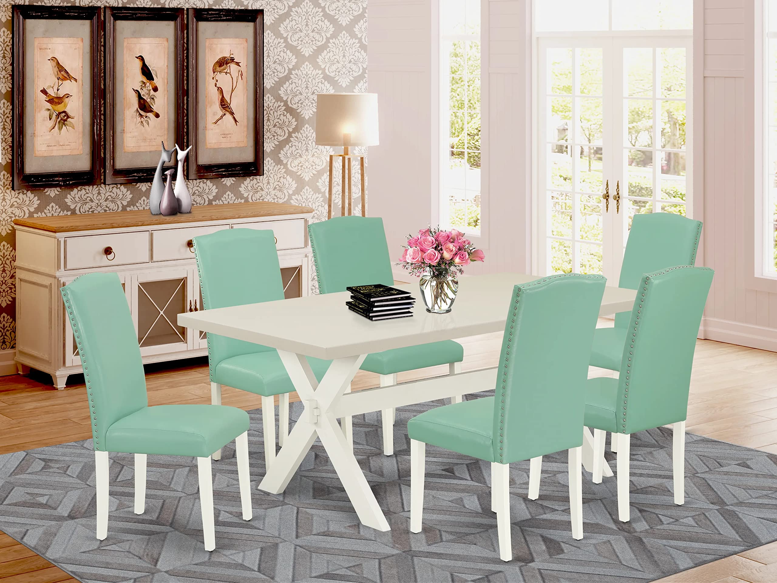 East West Furniture X027En257-7 7-Piece Dining Room Table Set - A Great Dinner Table - 6 Beautiful Parson Dining Chairs Nail Heads And High Back (Linen White Finish)