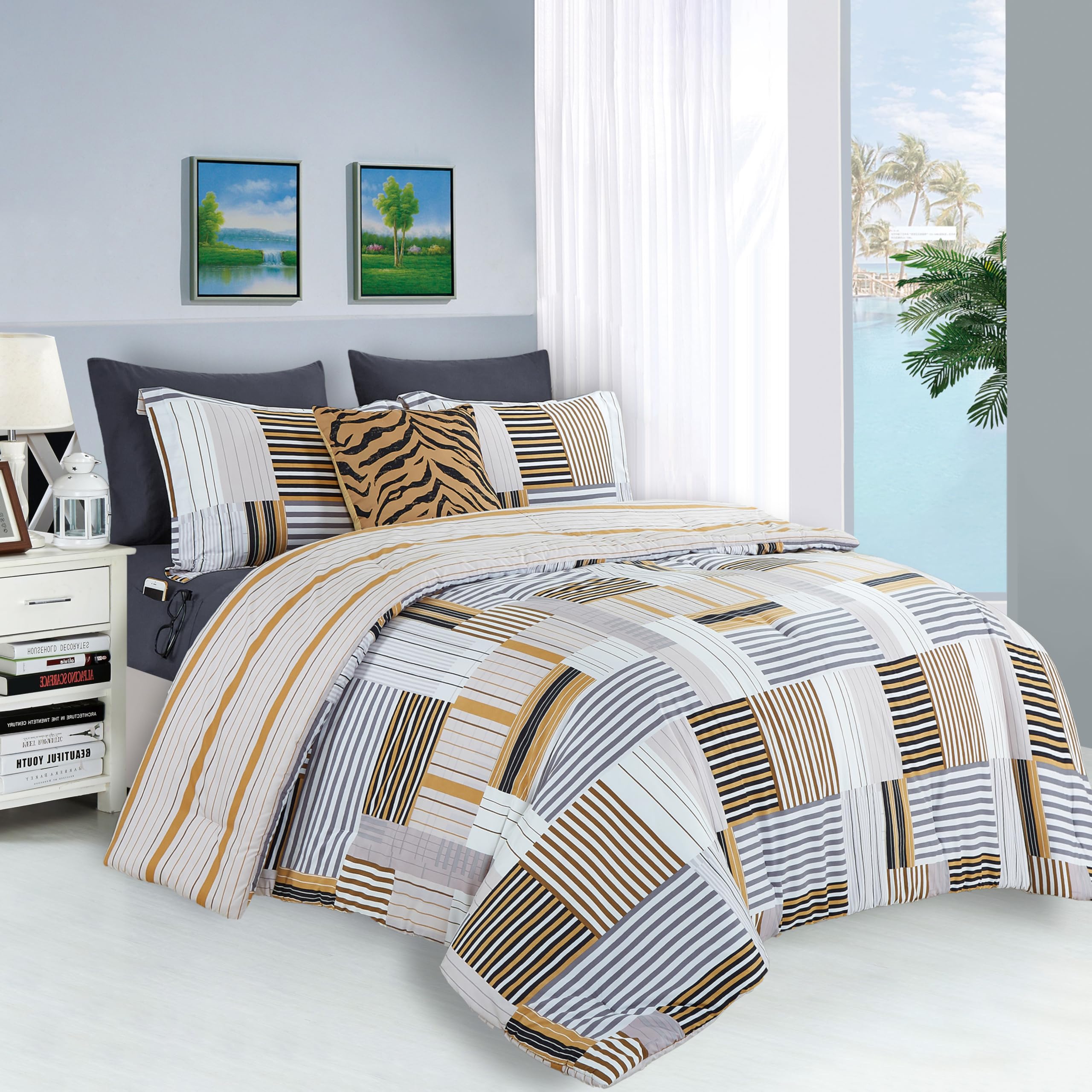 Elegant Comfort Silky Soft 8-Piece Animal Print Bed-In-A-Bag Comforter Set, Includes 4Pc Smart Sheet Set, Comforter, Decorative Pillow, Matching Pillowcases And Shams - Full/Queen, Gold