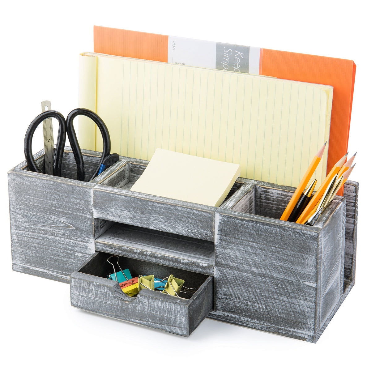 Mygift Rustic Gray Solid Wood Desktop Office Supplies Organizer Caddy With 6 Compartments For Document, Bills, Mail Holder, Penc