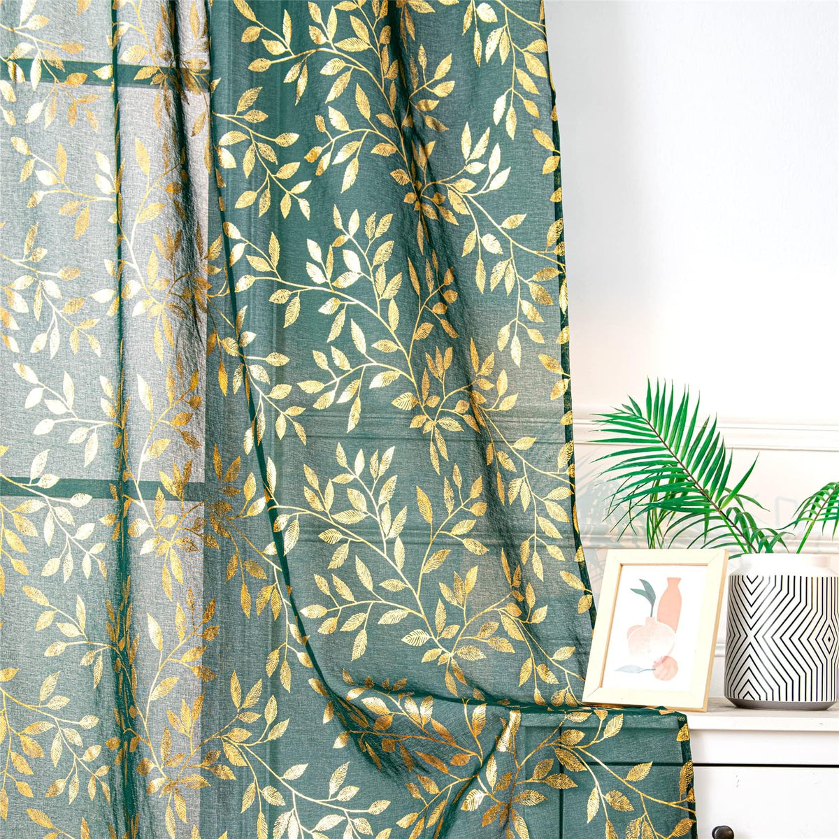 Deeprove Sheer Curtains 90 Inches Long For Bedroom Living Room Dining Room Nursery, Abstract Metallic Gold Foil Vine Leaves Prin