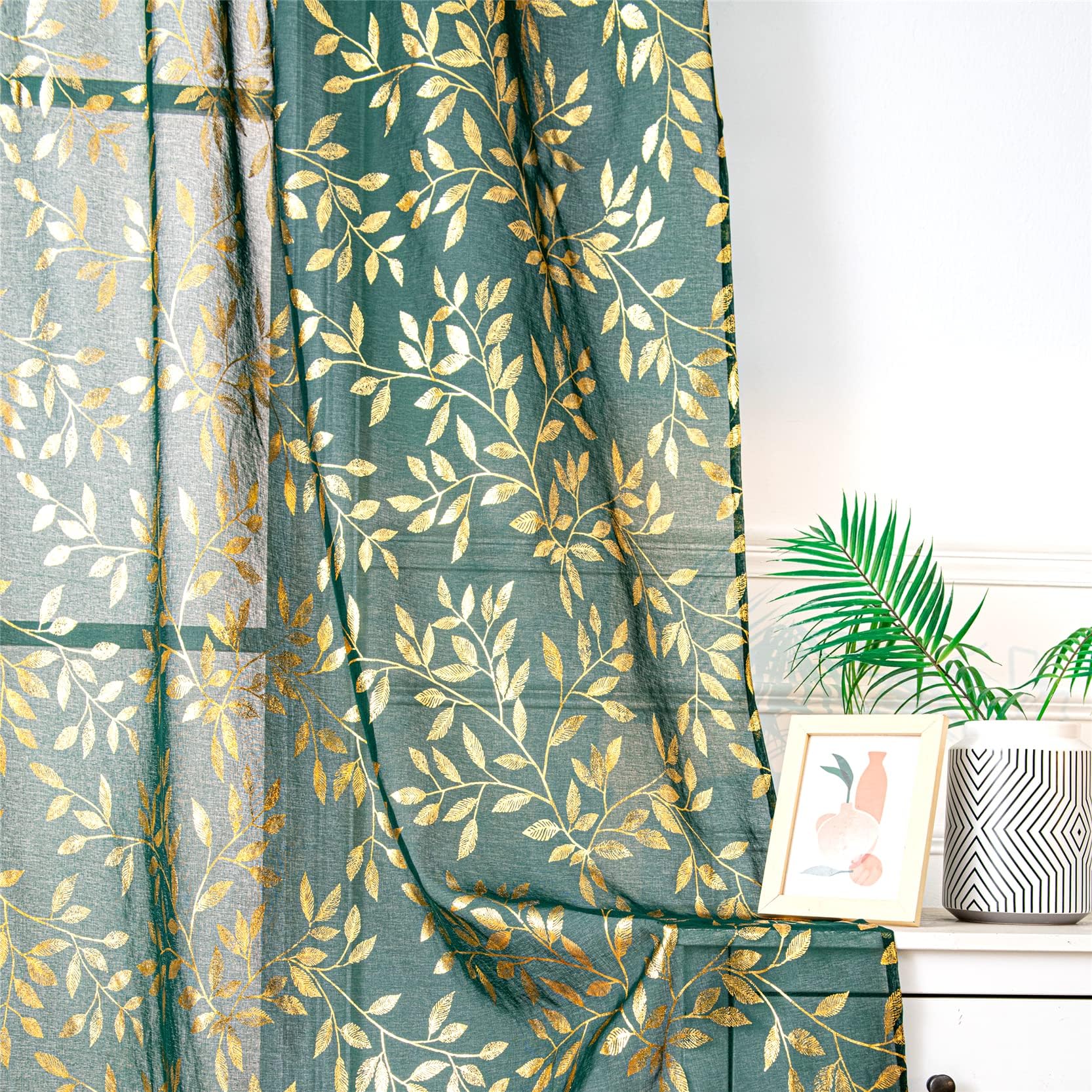 Deeprove Sheer Curtains 90 Inches Long For Bedroom Living Room Dining Room Nursery, Abstract Metallic Gold Foil Vine Leaves Prin