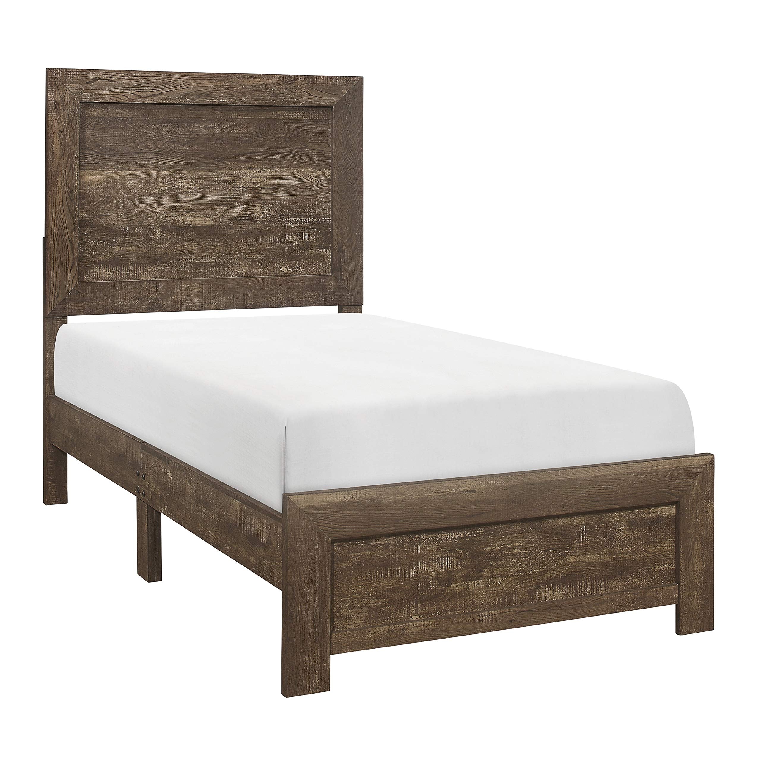 Benjara Rustic Panel Design Wooden Twin Size Bed with Block Legs Support, Brown