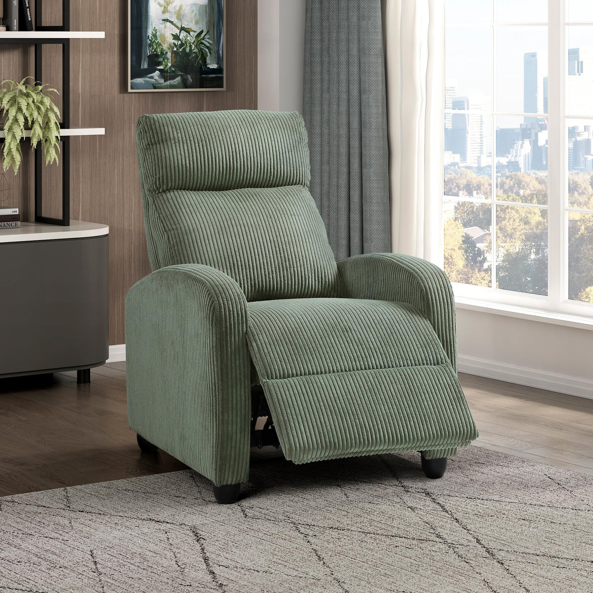 Lexicon Corduroy Pushback Recliner Chair Armchair Push Back Recliner, Solid Wood Frame And Metal Seat Base, Soft Single Sofa Acc