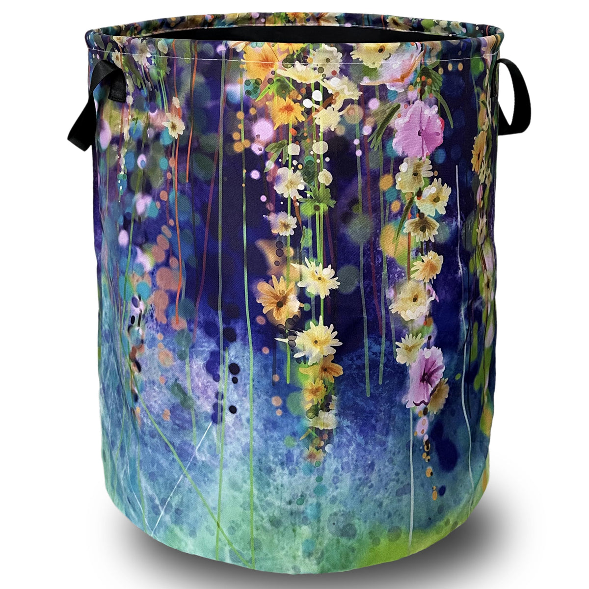 Blue Green Floral Laundry Basket Oxford Cloth Foldable Hamper 18.9x16.5Inch