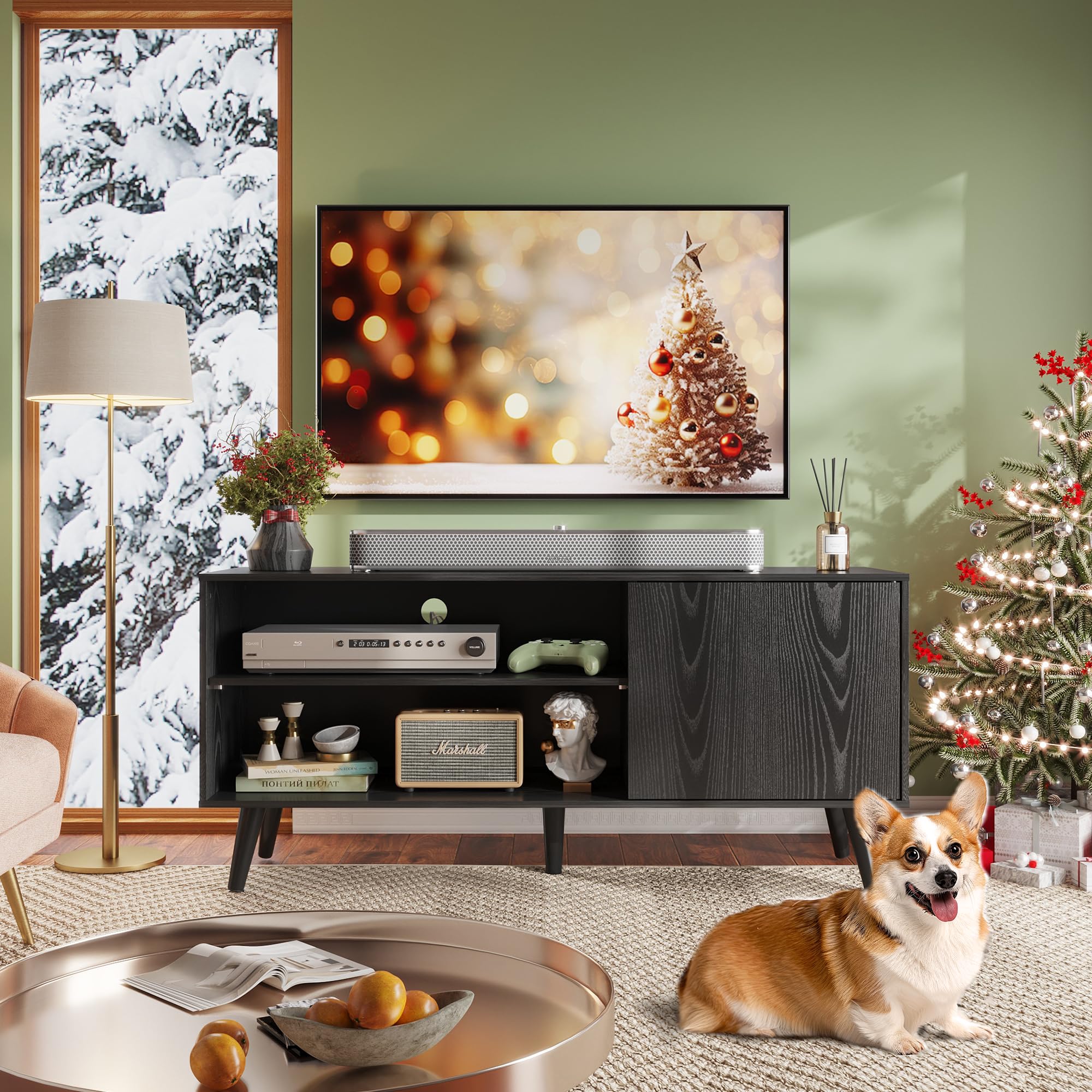 Wlive Tv Stand For 55 Inch Tvs, Entertainment Center With Storage Cabinet, Mid-Century Tv Stands For Living Room And Bedroom, 50' Tv Console, Black