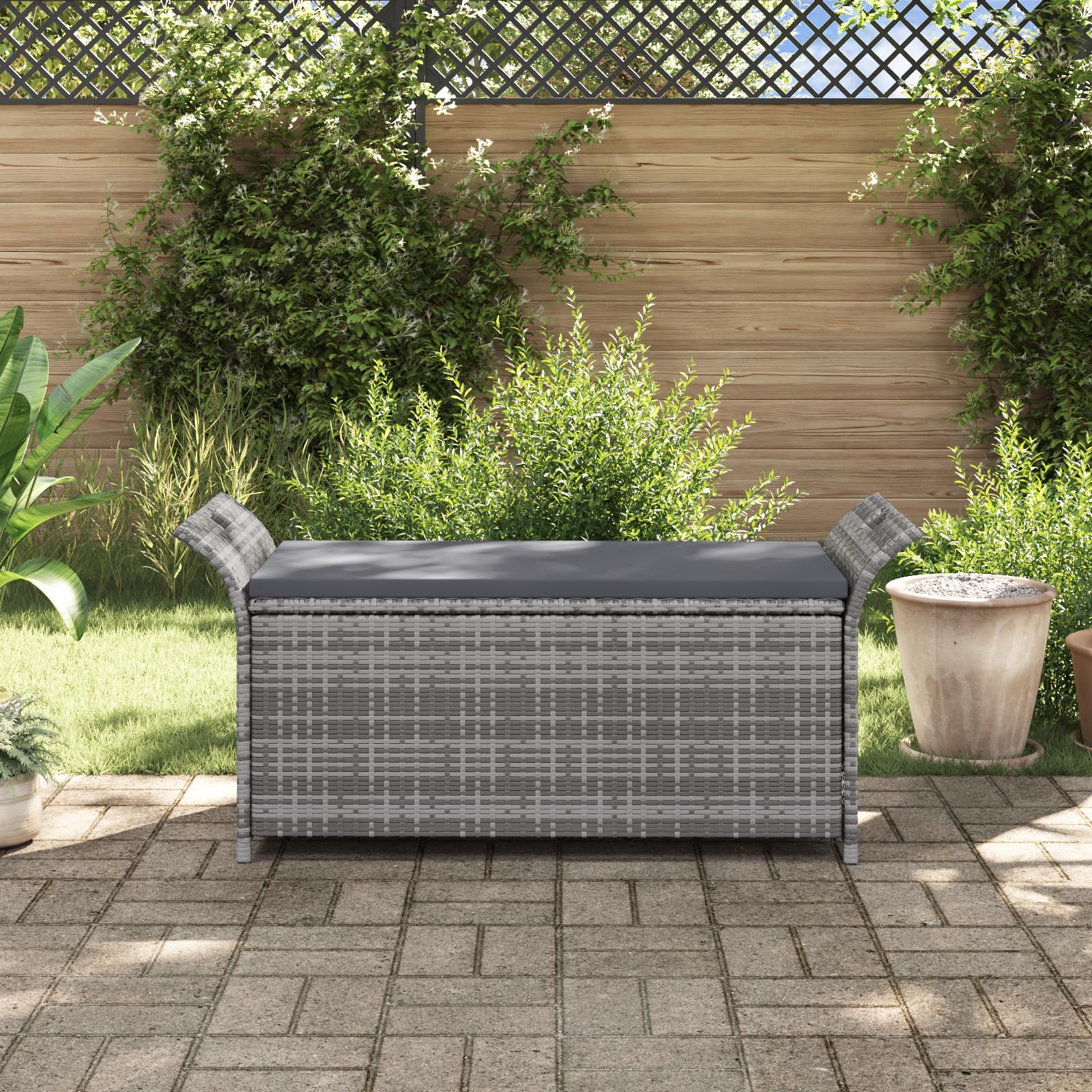 vidaXL Grey Poly Rattan Outdoor Adjustable Bench with Storage