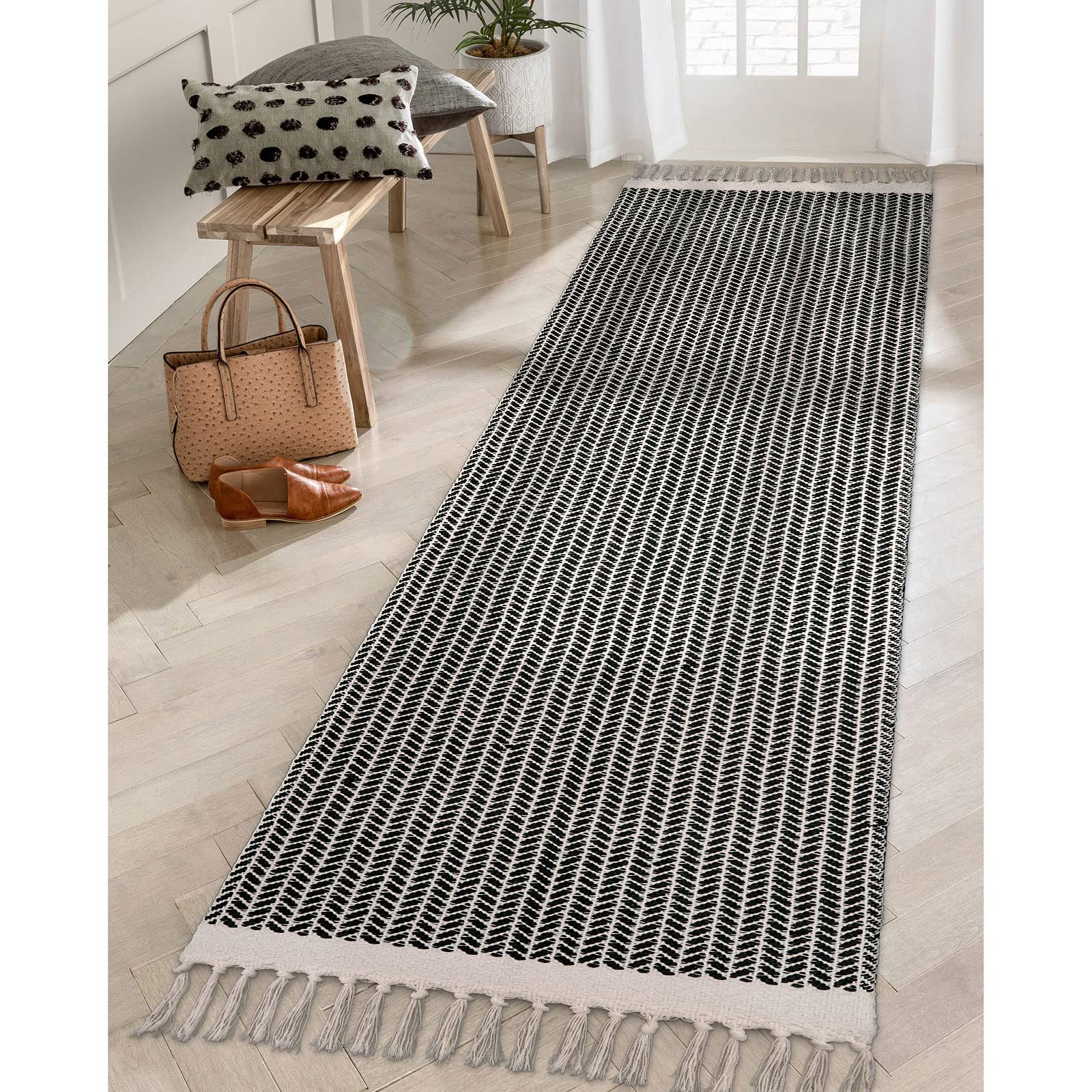 Lahome Boho Kitchen Runner, 26x8 Runners for Hallways Lightweight Bath Mat Woven Washable Runner Rug with Tassels, Farmhouse 