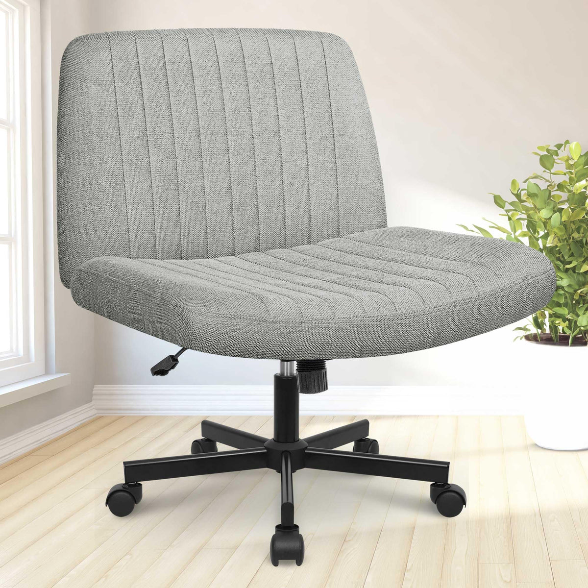 Neo Chair Criss Cross Chair With Wheels Fabric Comfy Cross Legged Computer Desk Chair Armless Swivel Height Adjustable Task Wide Seat For Home Office Bedroom Vanity (Grey)