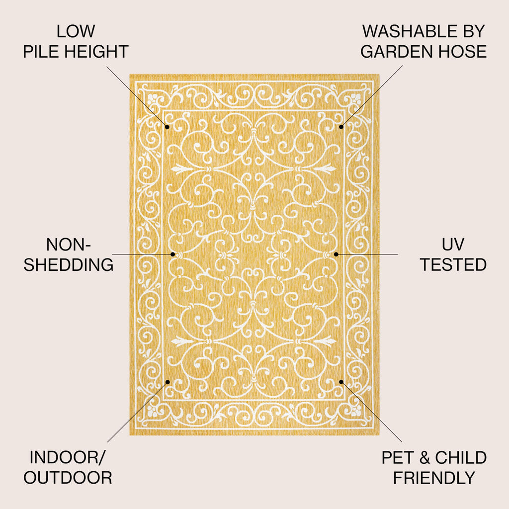 Jonathan Y Smb106L-5Sq Charleston Vintage Filigree Textured Weave Indoor Outdoor Area Rug, Classic Traditional Transitional Easy Cleaning,Bedroom,Kitchen,Backyard,Patio, Yellow/Cream, 5' Square