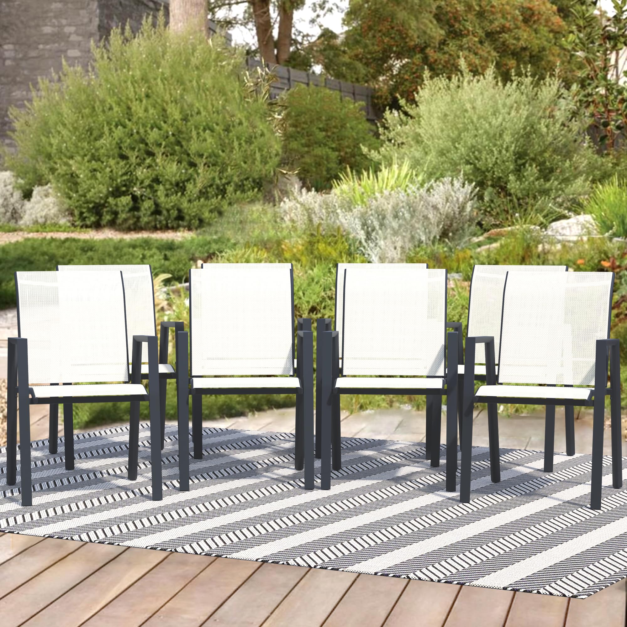 Outdoor Patio Chairs Set Of 8, Oyster Stackable Patio Chairs, Sling Chairs With High Back, Metal Outdoor Chairs For Lawn, Garden