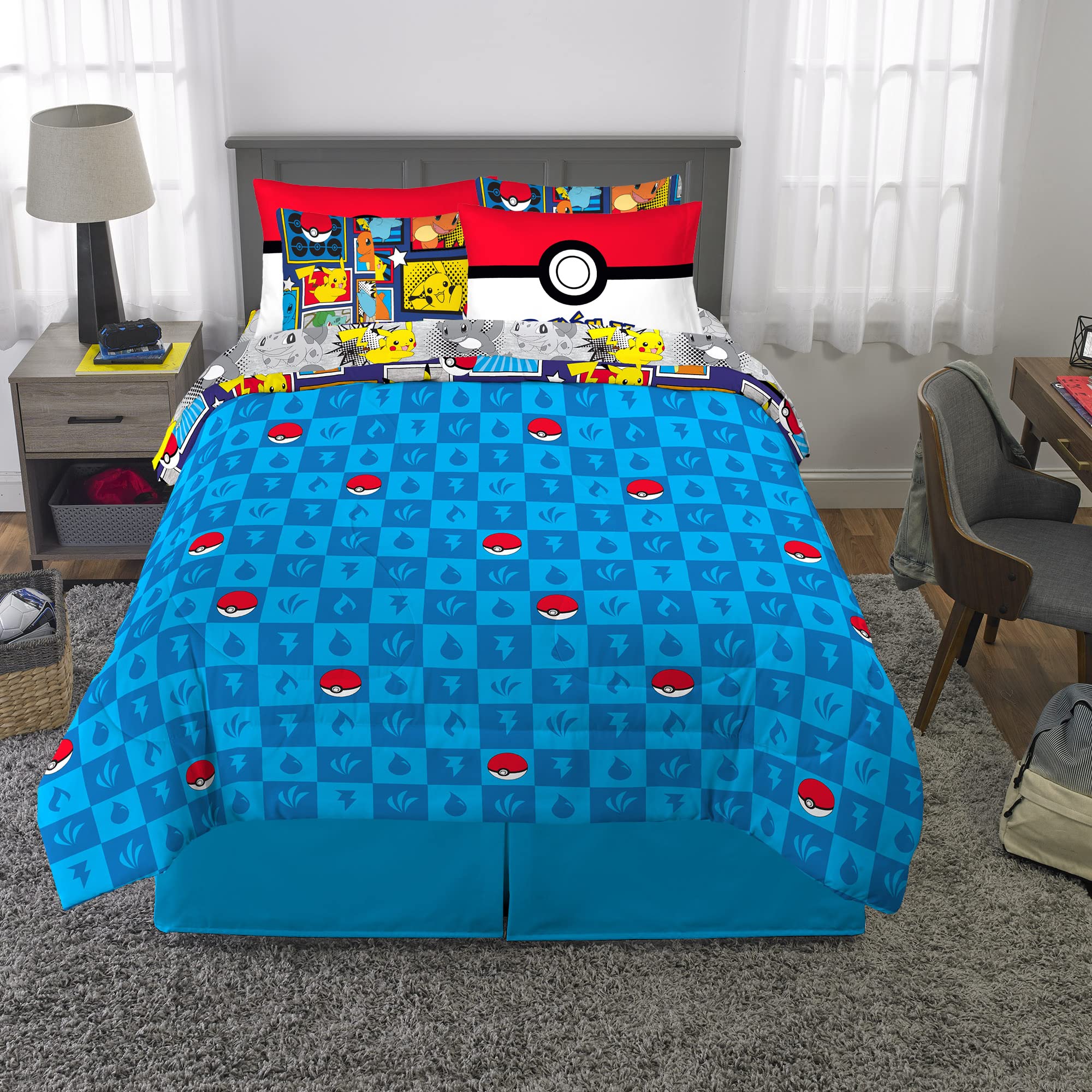 Franco Pokemon Bedding Super Soft Comforter And Sheet Set With Sham, 7 Piece Queen Size, (Official Licensed Product)