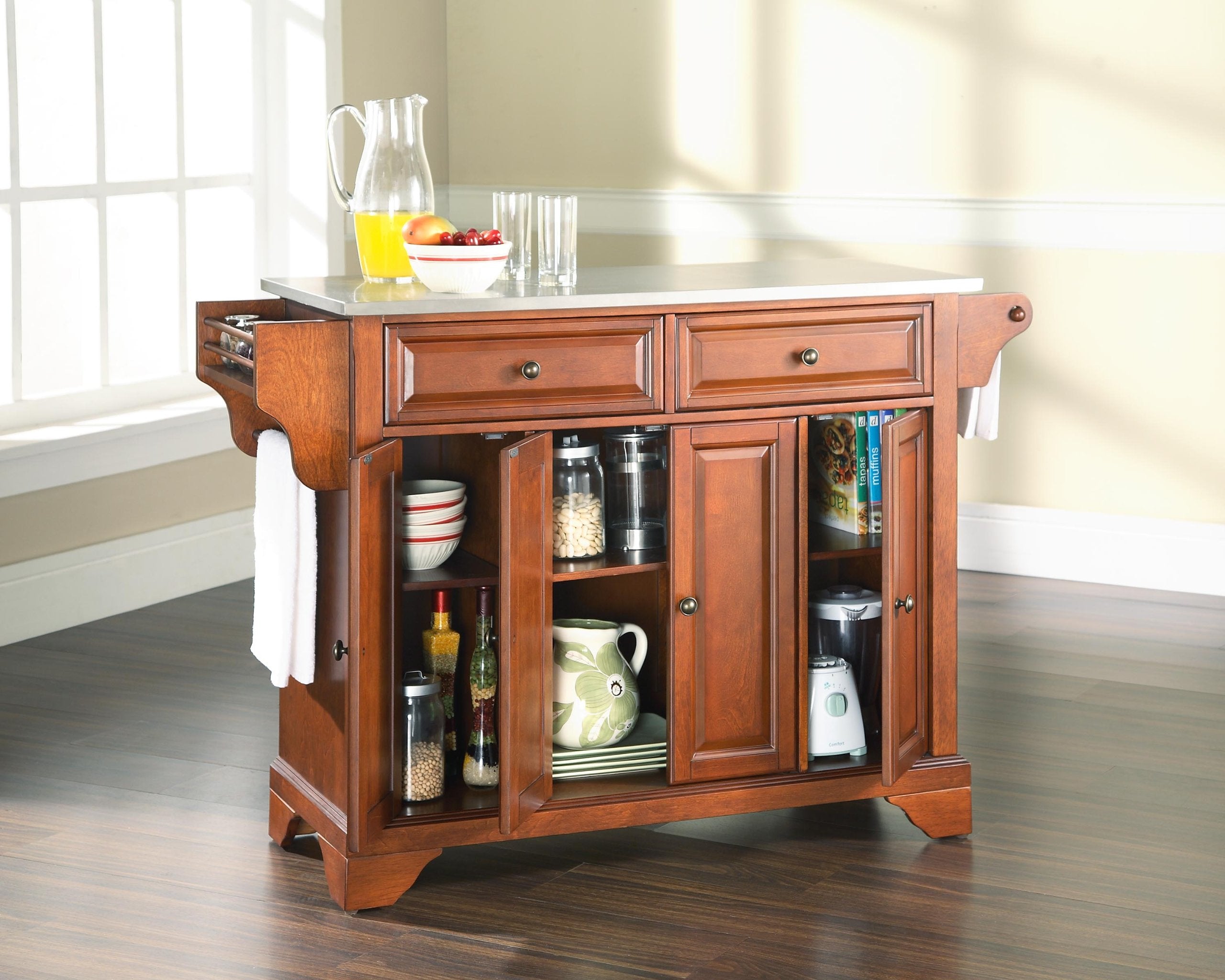 Crosley Furniture Lafayette Stainless Steel Top Rolling Kitchen Island Storage Cart, Spice Rack, Cherry