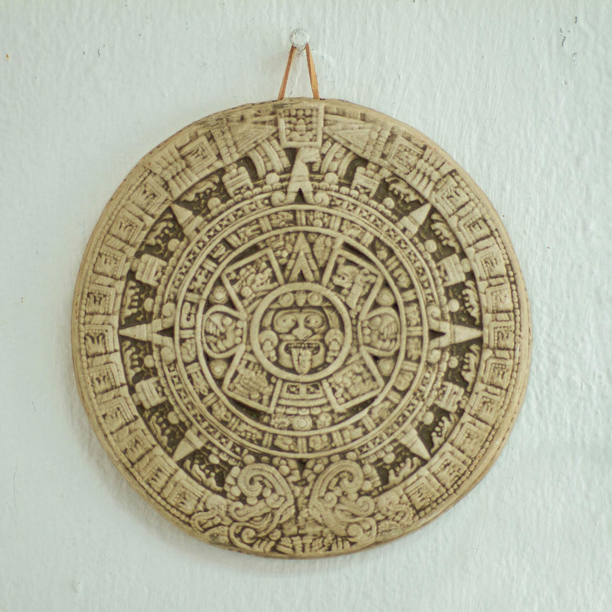 Novica Archaeological Advent Calendar Ceramic Plaque, Grey, Small Beige Aztec Calendar'